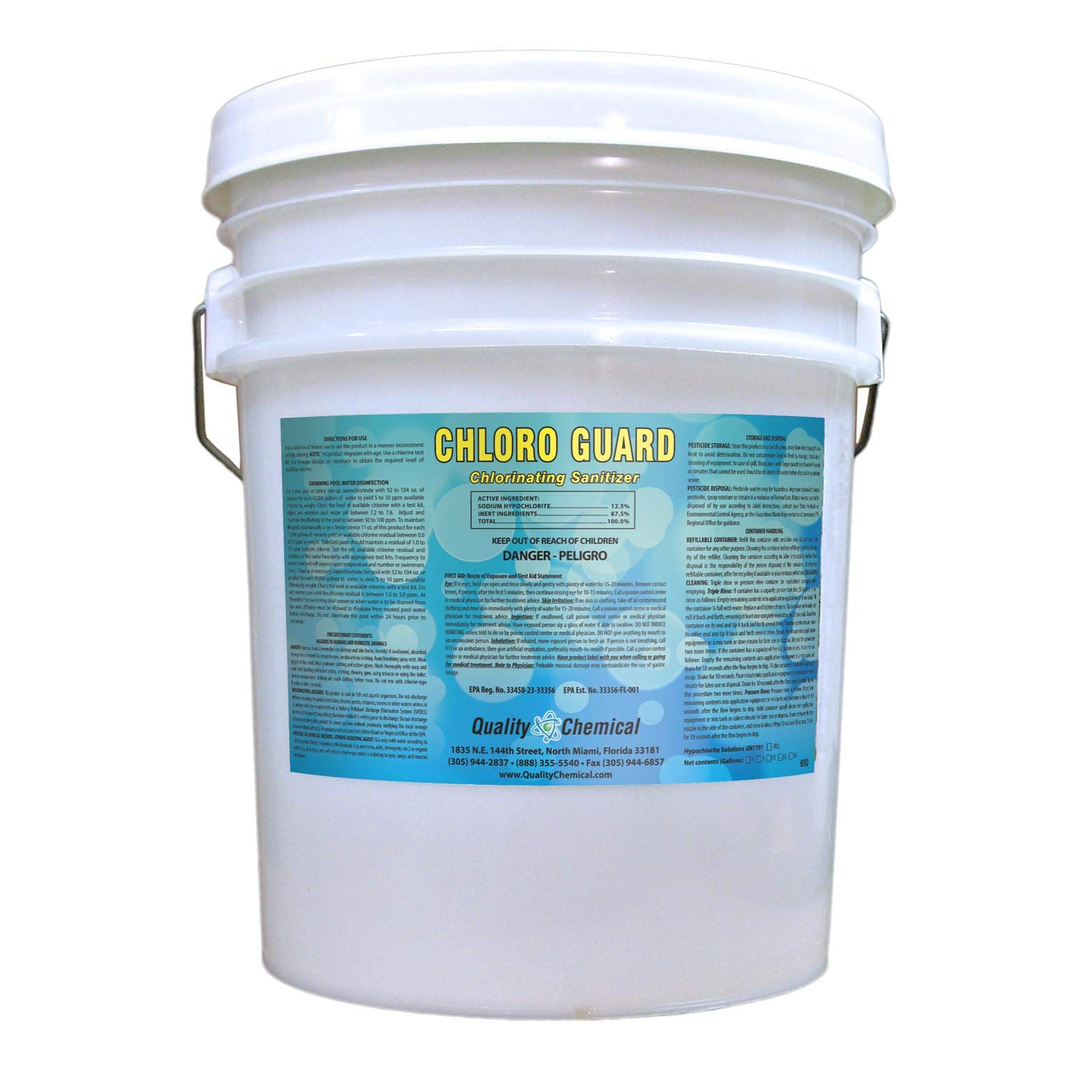 Premium Pool Chlorine Solution - Chloro-Guard 12.5% Concentrated Liquid Chlorine (5 Gallon Pail, 640 oz) for Swimming Pool Maintenance & Water Sanitation - Ideal for Residential & Commercial Pools, Spas, and Hot Tubs