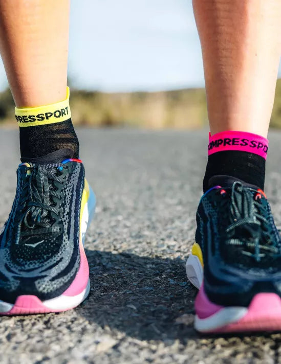 Compressport Unisex Pro Racing Socks v4.0 - Ultralight Running Socks for Men & Women - Low Cut Athletic Socks in Black/Safe Yellow/Neo Pink - Perfect for Marathon, Trail Running & High-Performance Sports