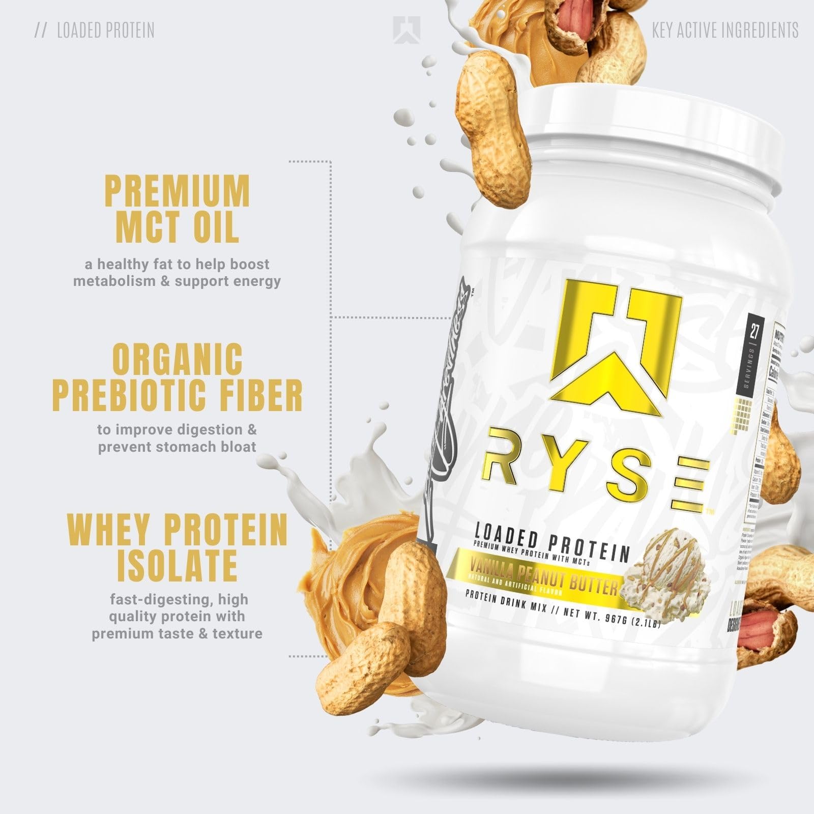 Ryse Loaded Protein Powder - 25g Whey Protein Isolate & Concentrate with Prebiotic Fiber & MCTs | Low Carb Low Sugar Supplement | Vanilla Peanut Butter Flavor (27 Servings) for Post-Workout Recovery & Muscle Growth