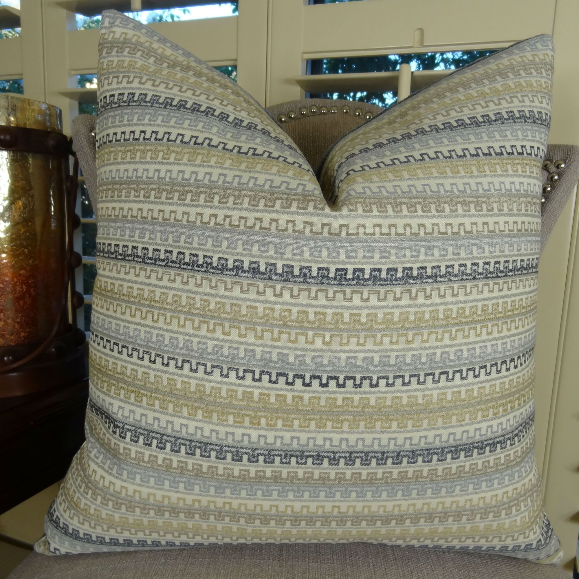 Blue Gray Chevron Throw Pillow - Geometric Greek Key Decorative Pillow Cover - Taupe Cream Zig Zag Pattern Cushion | Made in USA | Perfect for Sofa, Bedroom & Living Room Decor