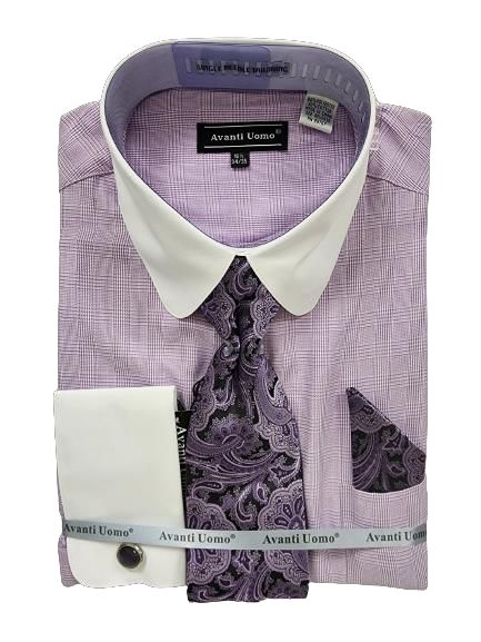 AVANTI UOMO Monotone Glen Check Round White Collar & Cuff Dress Shirt DN131M Lavender - Premium Formal Wear for Business Meetings & Special Occasions