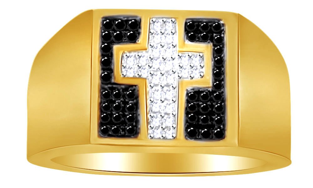 0.05 Ct Black & White Natural Diamond Cross Band Ring - Yellow Gold Over Sterling Silver - Size 14 - Elegant Religious Jewelry for Women, Perfect for Church, Weddings & Special Occasions