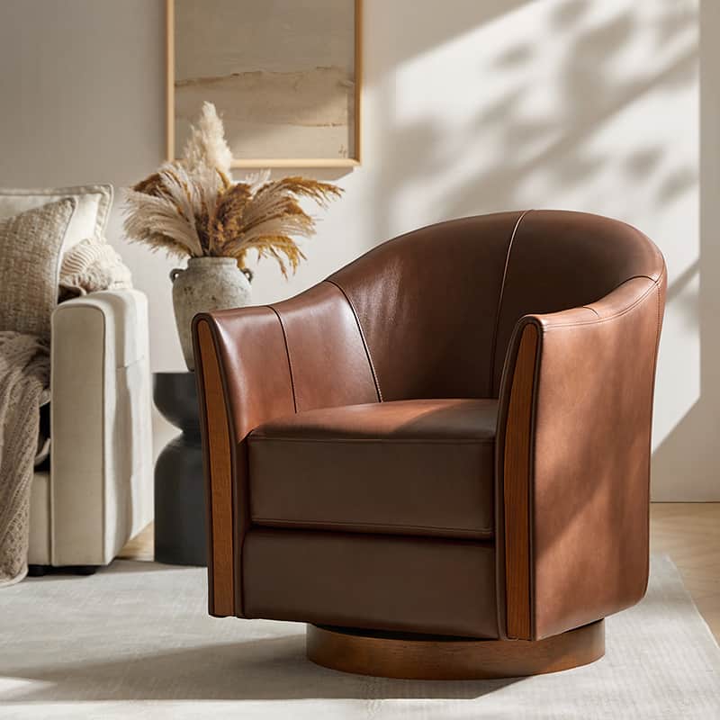 Clara Genuine Leather Swivel Barrel Chair with Solid Wood Base - Stylish Home Office & Living Room Accent Chair for Comfortable Seating