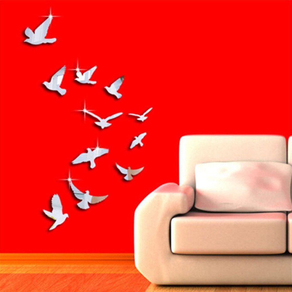 3D Silver Bird Stickers Wall Art - 11PCS Mirror Decals for Home Decor, DIY Room Makeover, Nursery & Girls Bedroom Decoration - Perfect for Kids Rooms, Living Spaces & Creative Wall Designs