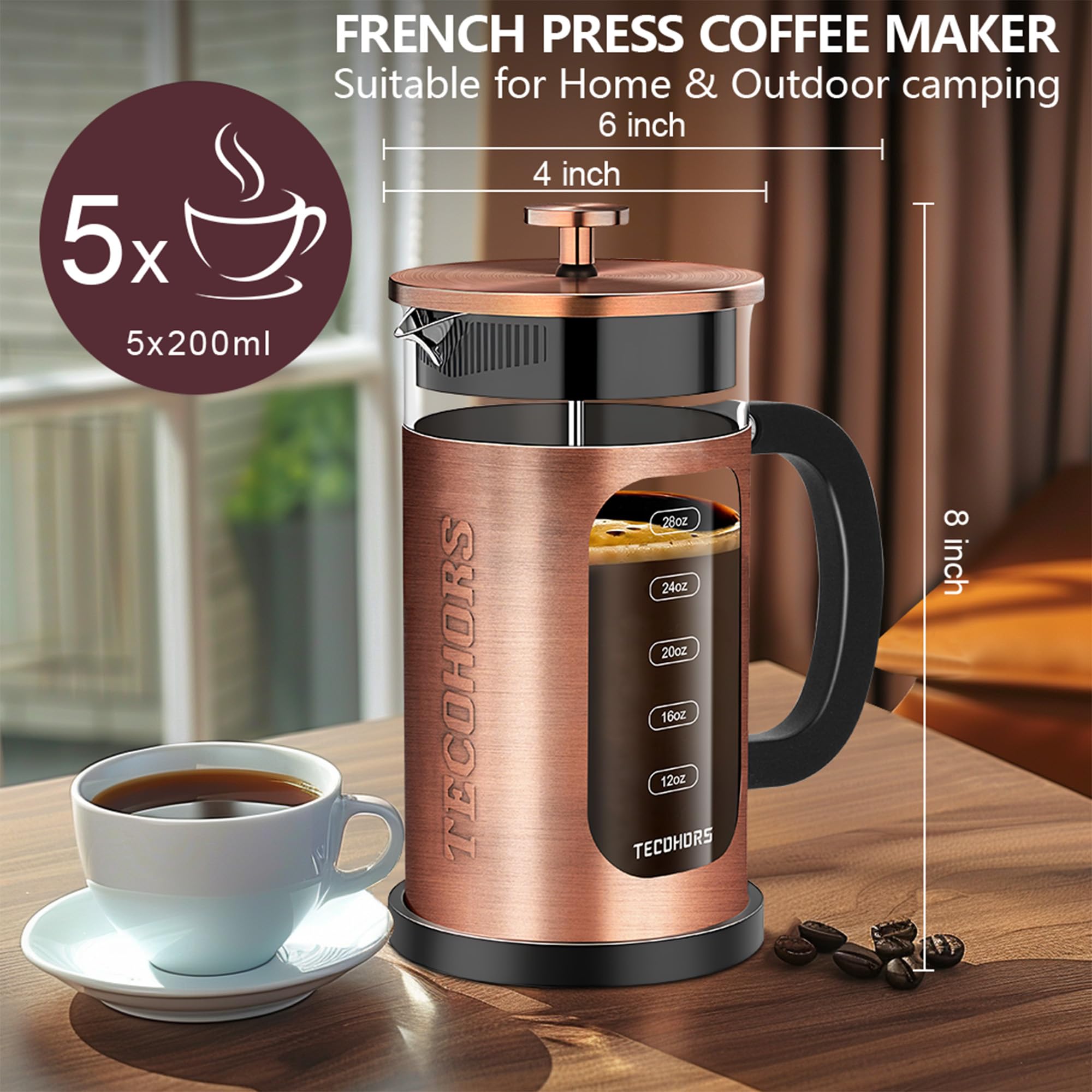 Premium 34oz French Press Coffee Maker - 304 Stainless Steel with 4 Filters, Heat-Resistant Borosilicate Glass - Perfect for Home, Office & Camping Coffee Brewing (Copper)
