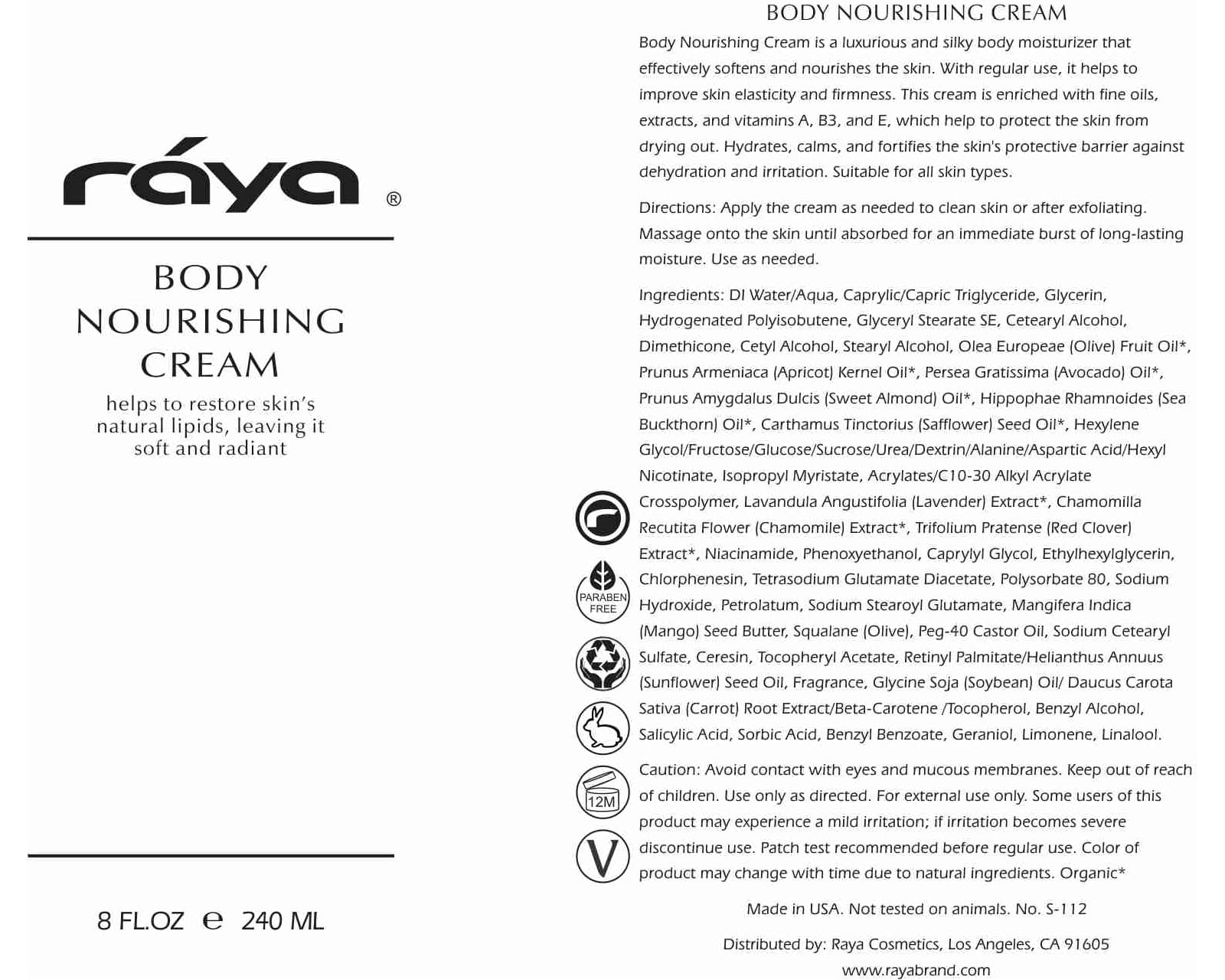 Raya Body Nourishing Cream 8 oz (S-112) - Rich & Silky Moisturizing Lotion with Fine Oils, Shea Butter & Vitamins for Dry Skin - Deep Hydration & Softening for Daily Body Care & Nighttime Routine