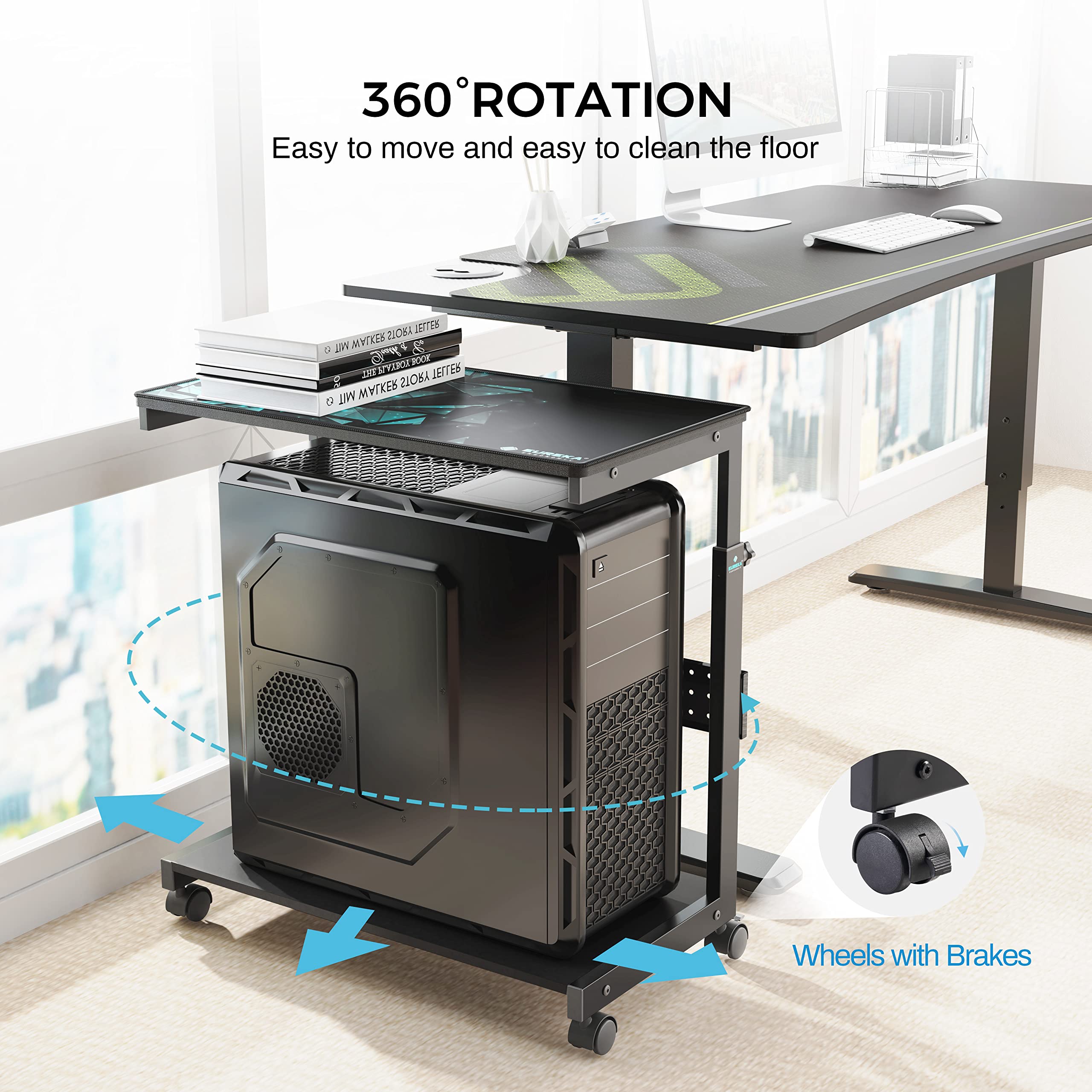 EUREKA ERGONOMIC Adjustable Height Computer Tower Stand - 2-Tier ATX CPU Holder Cart with Wheels & Mouse Pad for Under Desk PC Storage - Home Office & Gaming Setup Accessories - Black (Perfect for Small Spaces & Cable Management)