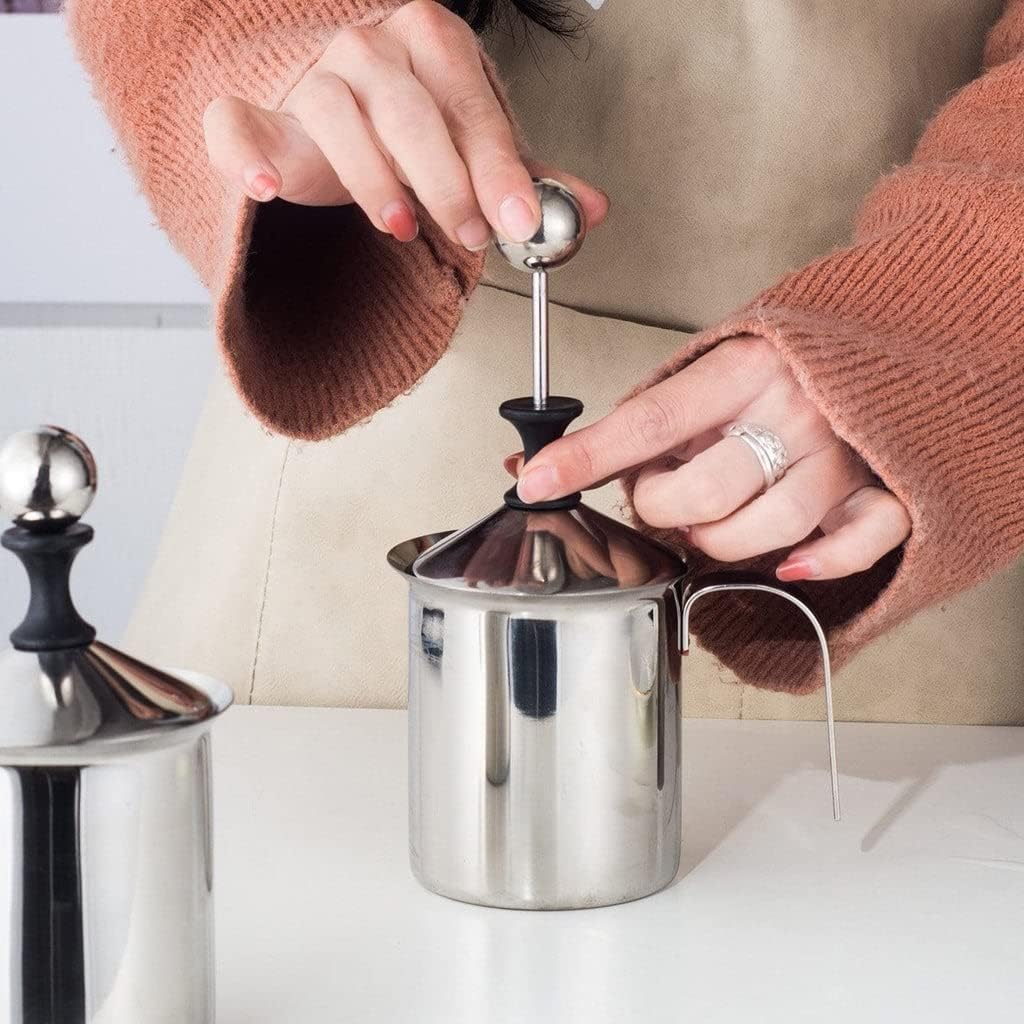 Premium Stainless Steel Milk Frother for Hot & Cold Coffee - 400ml Manual Pump, Silver - Perfect for Lattes, Cappuccinos & Hot Chocolate at Home or Cafe
