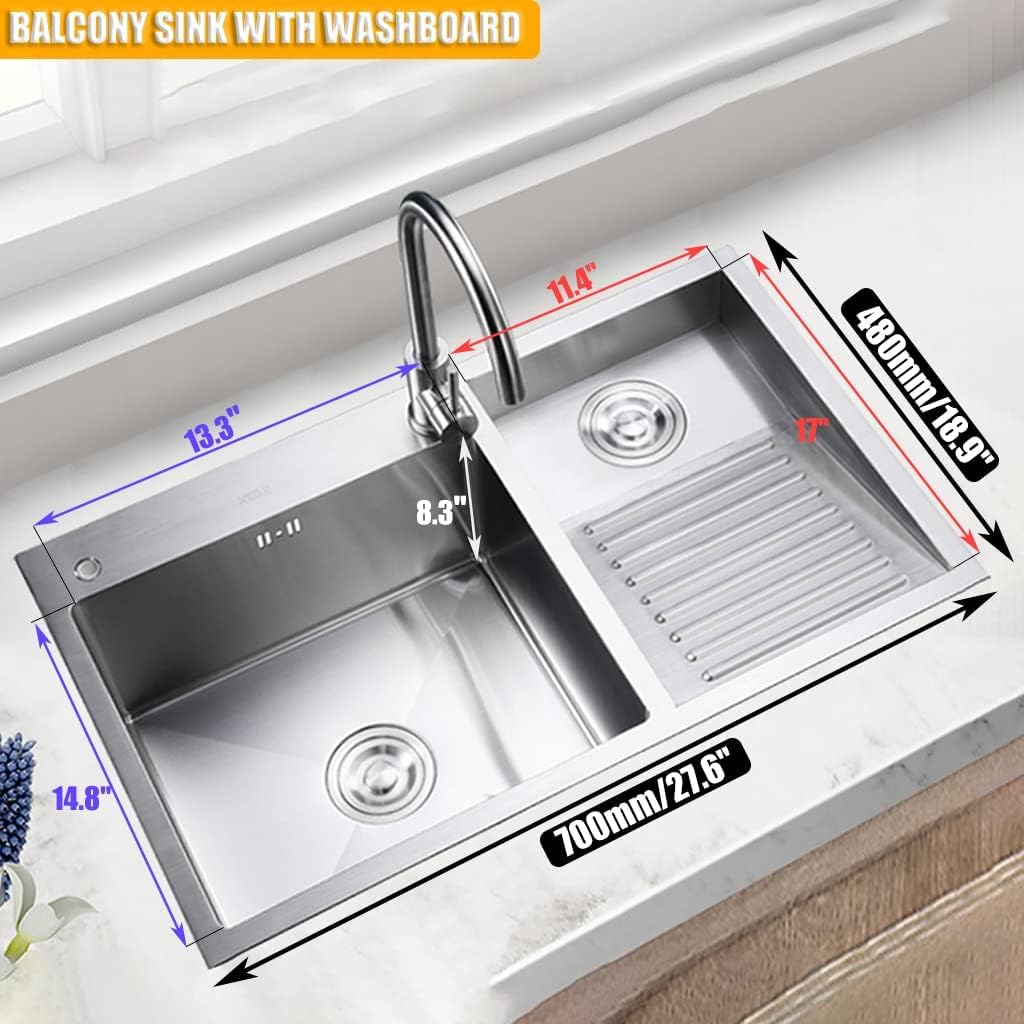 Stainless Steel Utility Sink with Washboard - 27.5 x 18.9 Inch Laundry Room & Basement Sink for Washing Clothes, Cleaning Pets, and Garden Tools - Heavy Duty Double Basin Kitchen Sink for Bathroom, Balcony & Household Use - Easy to Clean & Durable Design