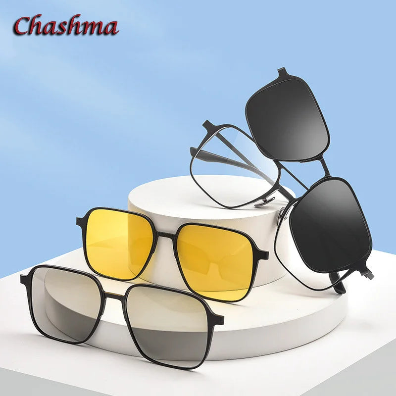 Men's Titanium Full Rim Square Double Bridge Eyeglasses with Clip-On Sunglasses - Stylish & Durable for Work, Driving, and Outdoor Activities (Model 99084)