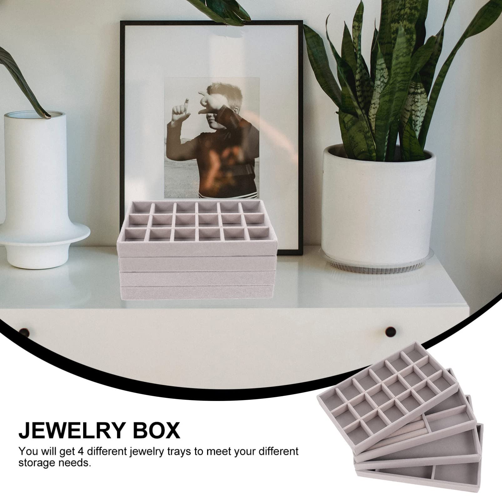 Zerodeko 4-Piece Stackable Jewelry Organizer Box Set - Multi-Grid Jewelry Display Tray for Earrings, Rings & Necklaces - Drawer Storage Solution for Jewelry Lovers - Perfect for Home, Retail Store & Travel Organization