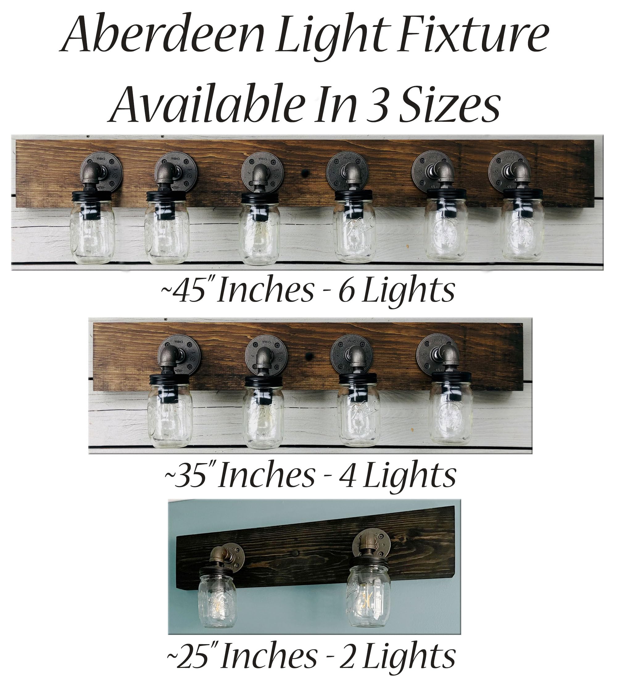 Aberdeen 2, 4 or 6 Mason Jar Bathroom Vanity Light Set - Farmhouse Rustic Wood & Steel Fixture with Glass Shades (3 Size Options) - Perfect for Bathroom, Powder Room or Farmhouse Decor Lighting