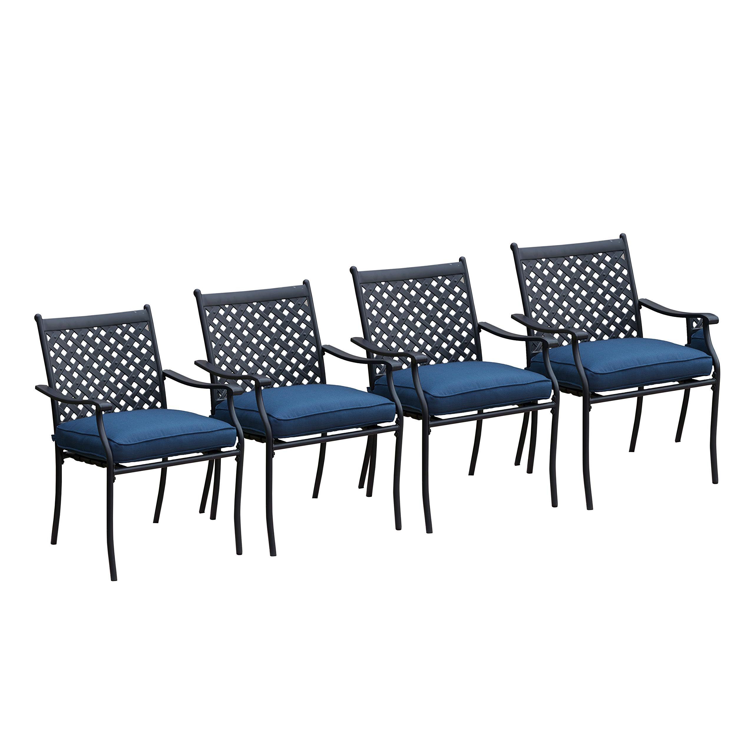 LOKATSE HOME 4-Piece Outdoor Patio Dining Chair Set - Wrought Iron Metal Chairs with Arms & Cushions (Blue) - Perfect for Garden, Backyard, Poolside & Restaurant Seating