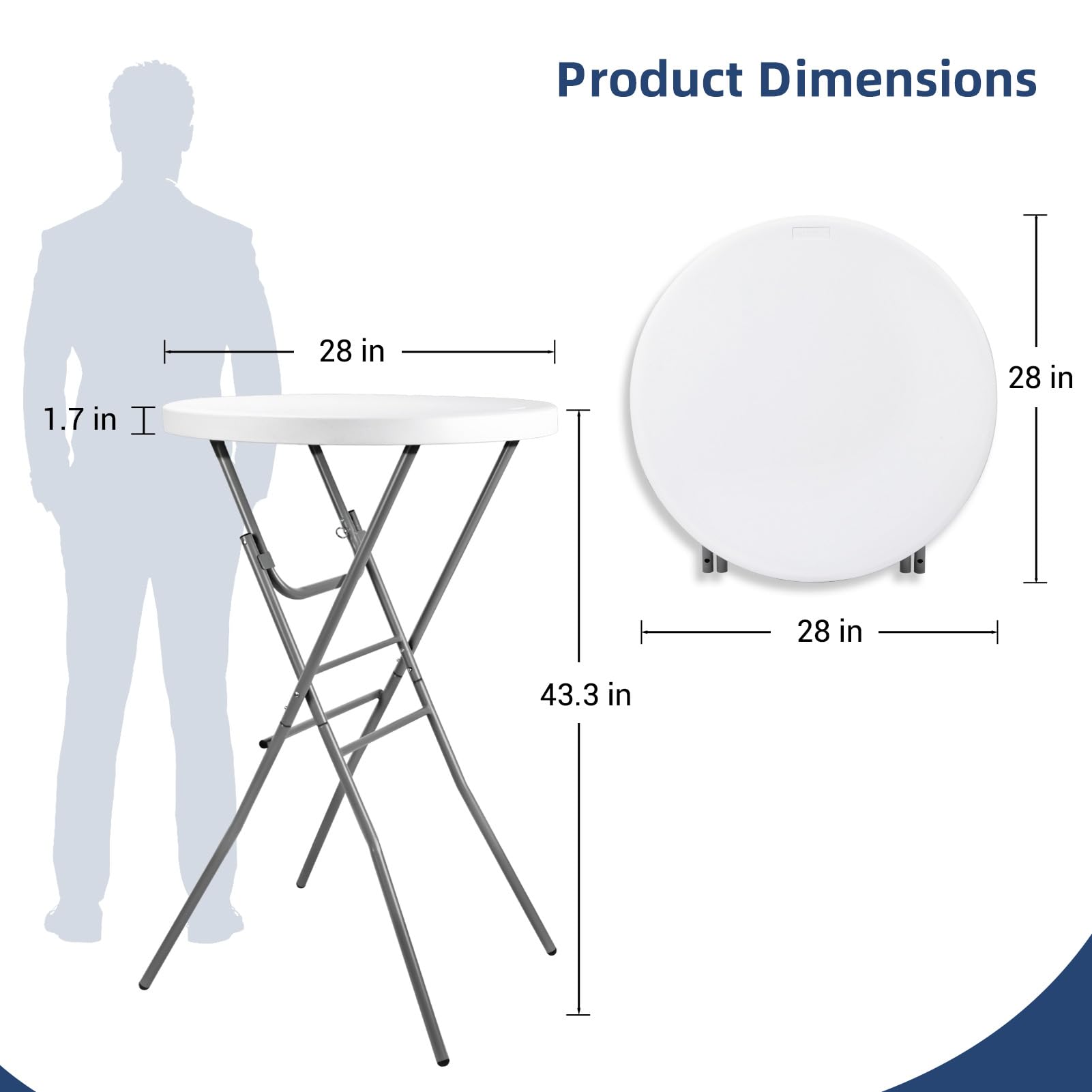 28in White Folding Round High Top Cocktail Table with Removable Legs - 2 Pack | Indoor Outdoor Bistro Bar Height Table for Patio, Backyard, Dining, Wedding & Party Decor | Perfect for Small Space Entertaining, Balcony Seating and Outdoor Gatherings