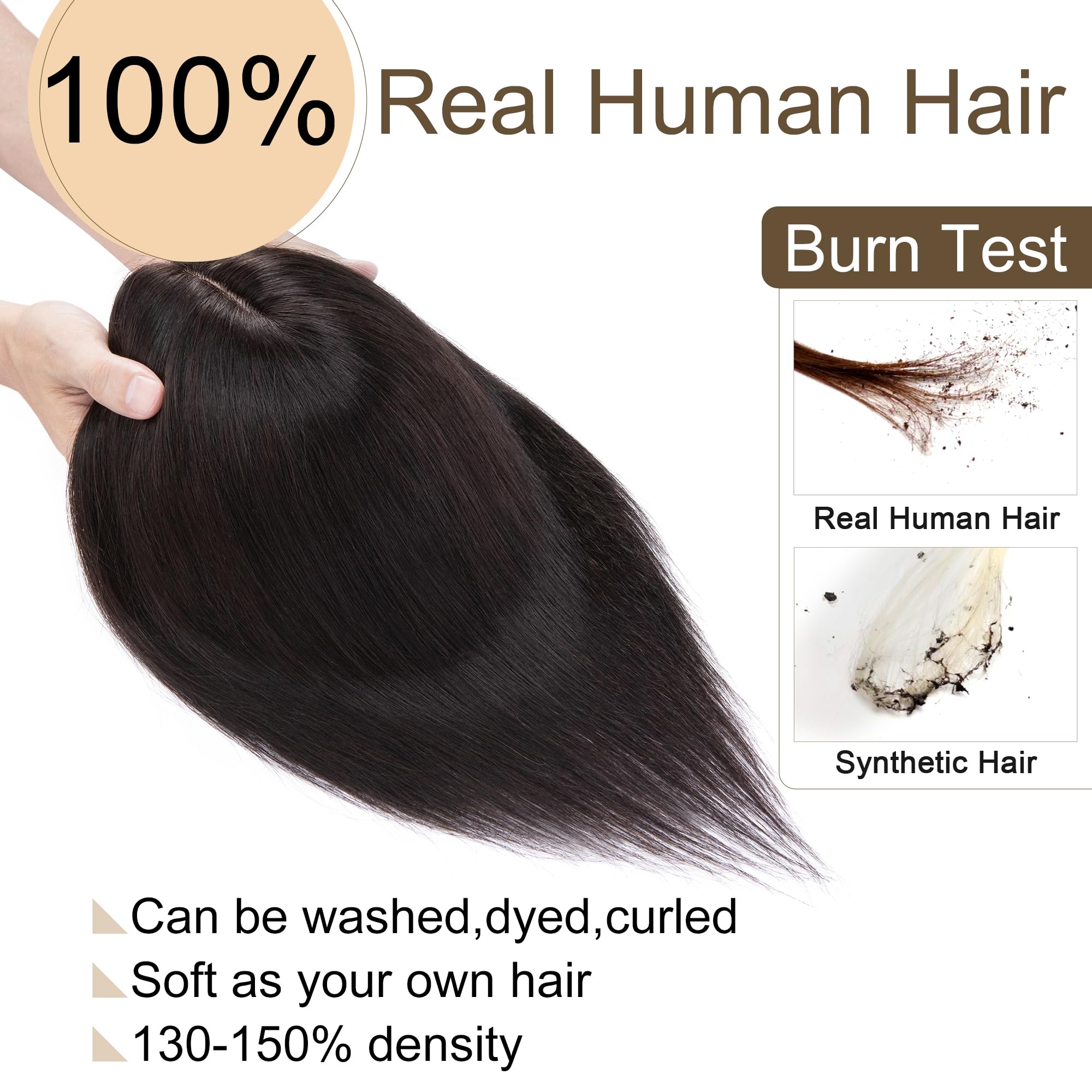 SEGO Real Human Hair Toppers for Women - No Bangs, 130% Density, 10x12cm Silk Base, 100% Remy Human Hair Clip-in Top Wiglet for Thinning Hair (16 Inch, Natural Black) - Perfect for Daily Wear, Special Occasions & Hair Volume Enhancement