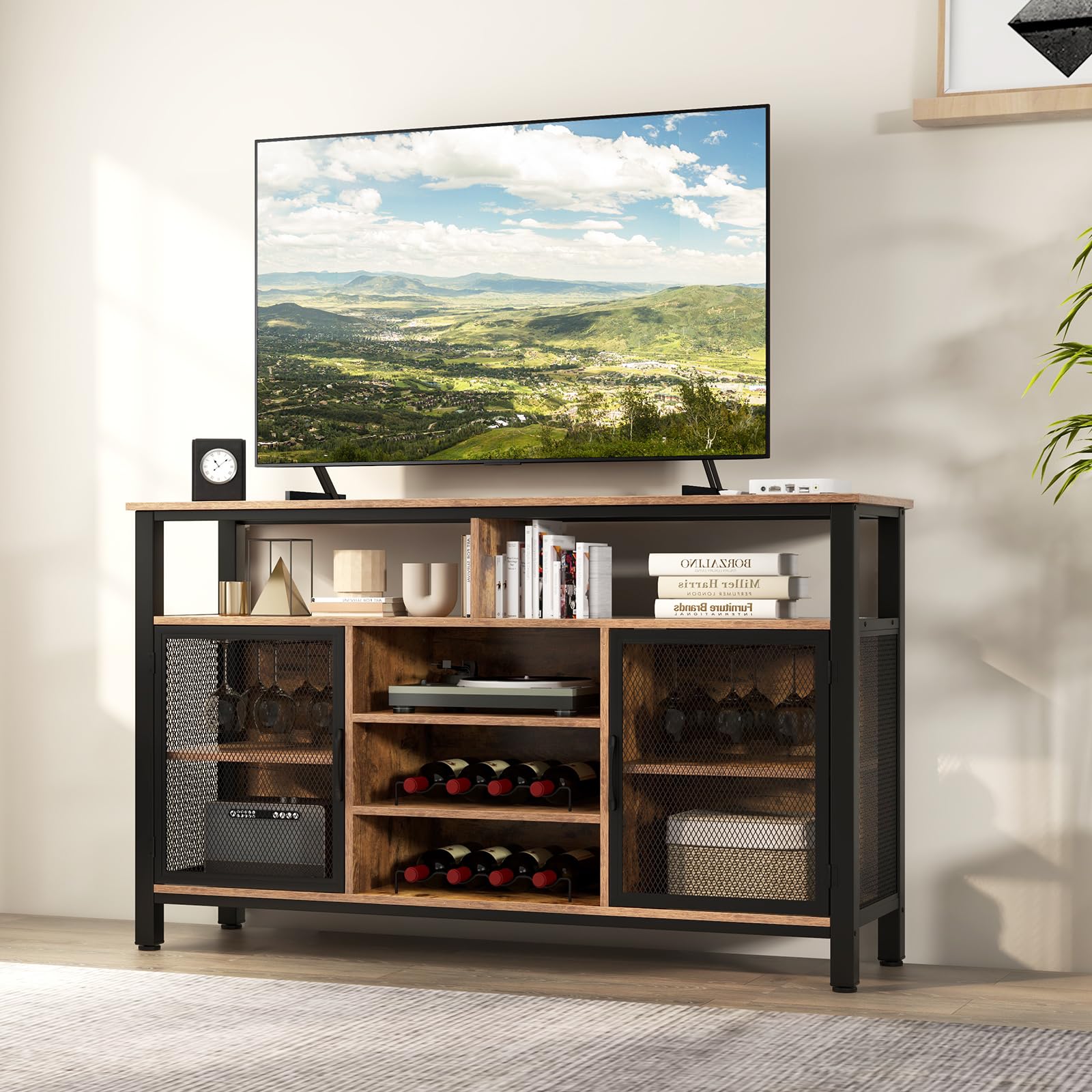LOKO Wine Bar Cabinet with 8-Bottle Wine Racks & Glass Holders - Kitchen Buffet Sideboard, Coffee Bar Cabinet with Storage, Liquor Cabinet & TV Stand for Dining Room & Living Room - Perfect for Entertaining Guests, Storing Beverages & Enhancing Home Decor (Brown)
