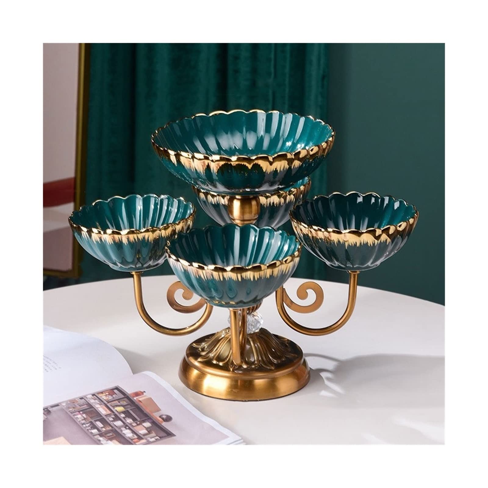 TOMYEUS Elegant Ceramic & Metal Multi-Layer Rotating Fruit Bowl - Large Capacity Snack Tray with Compartments for Fruits, Nuts, Candy Storage (Green) - Perfect for Kitchen Counter, Dining Table & Party Serving