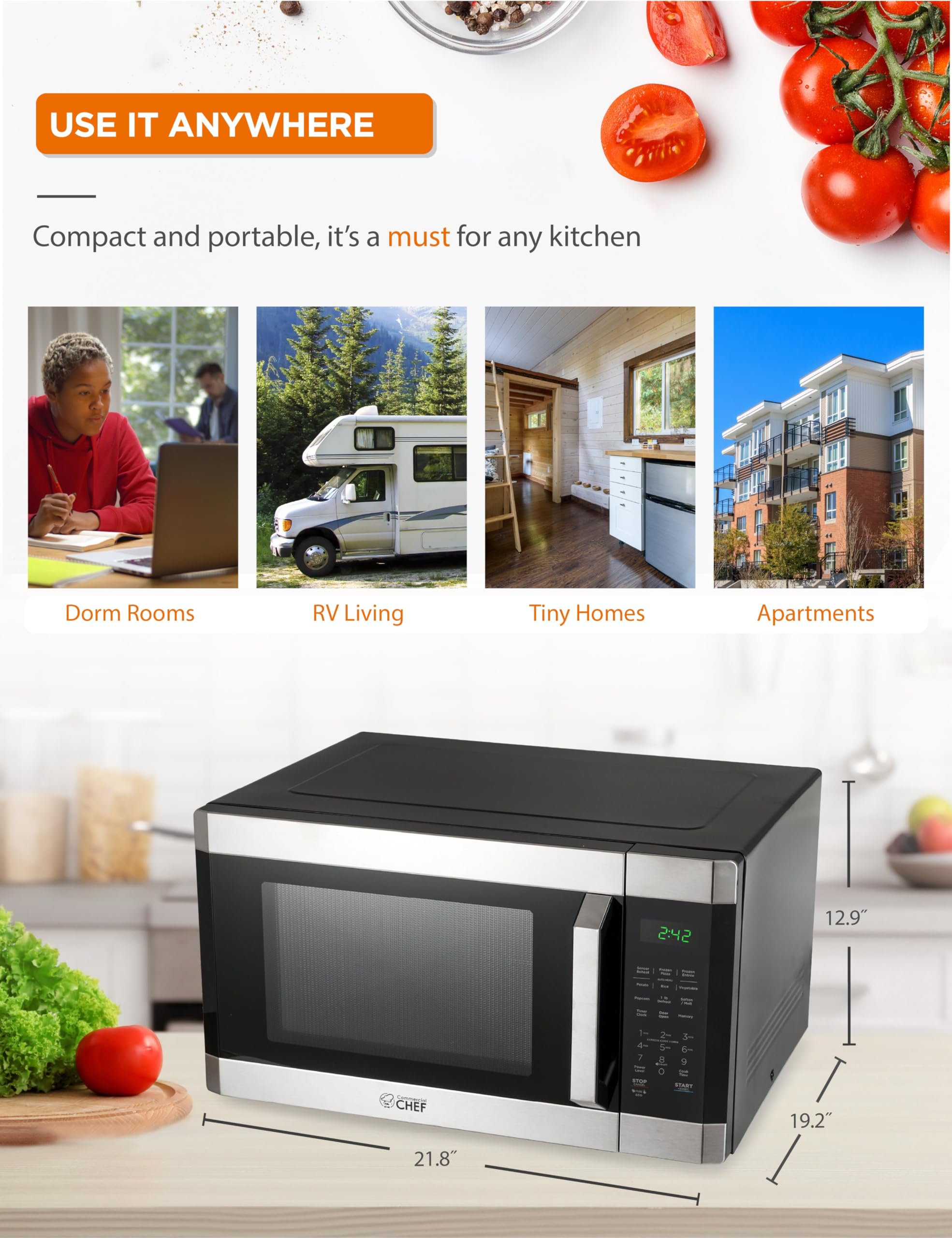 1.6 Cu Ft Commercial Chef Microwave Oven - 1100W, 10 Power Levels, Child Safety Lock, Digital Control Panel, Stainless Steel - Perfect for Small Kitchens, Dorms, Offices & RVs