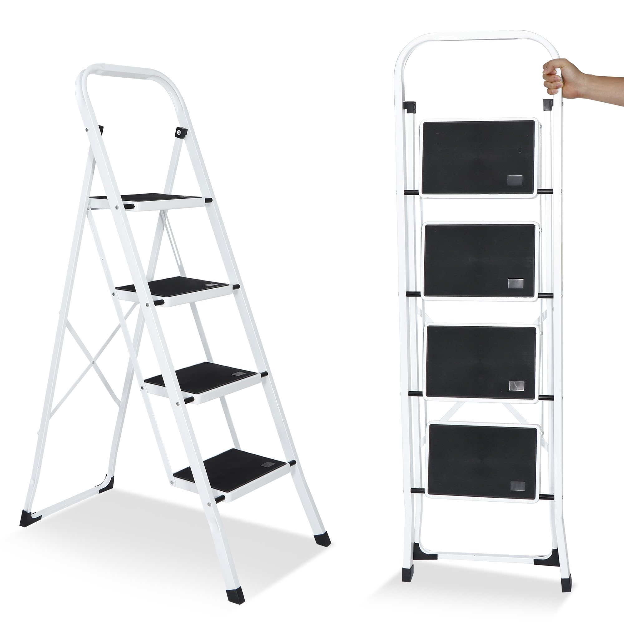 Folding 4 Step Ladder with Wide Anti-Slip Pedals & Handgrip - Portable Lightweight Stool for Home, Kitchen, Office - Sturdy Storage Shelf Rack in White & Black - Perfect for Reaching High Shelves and Home Organization