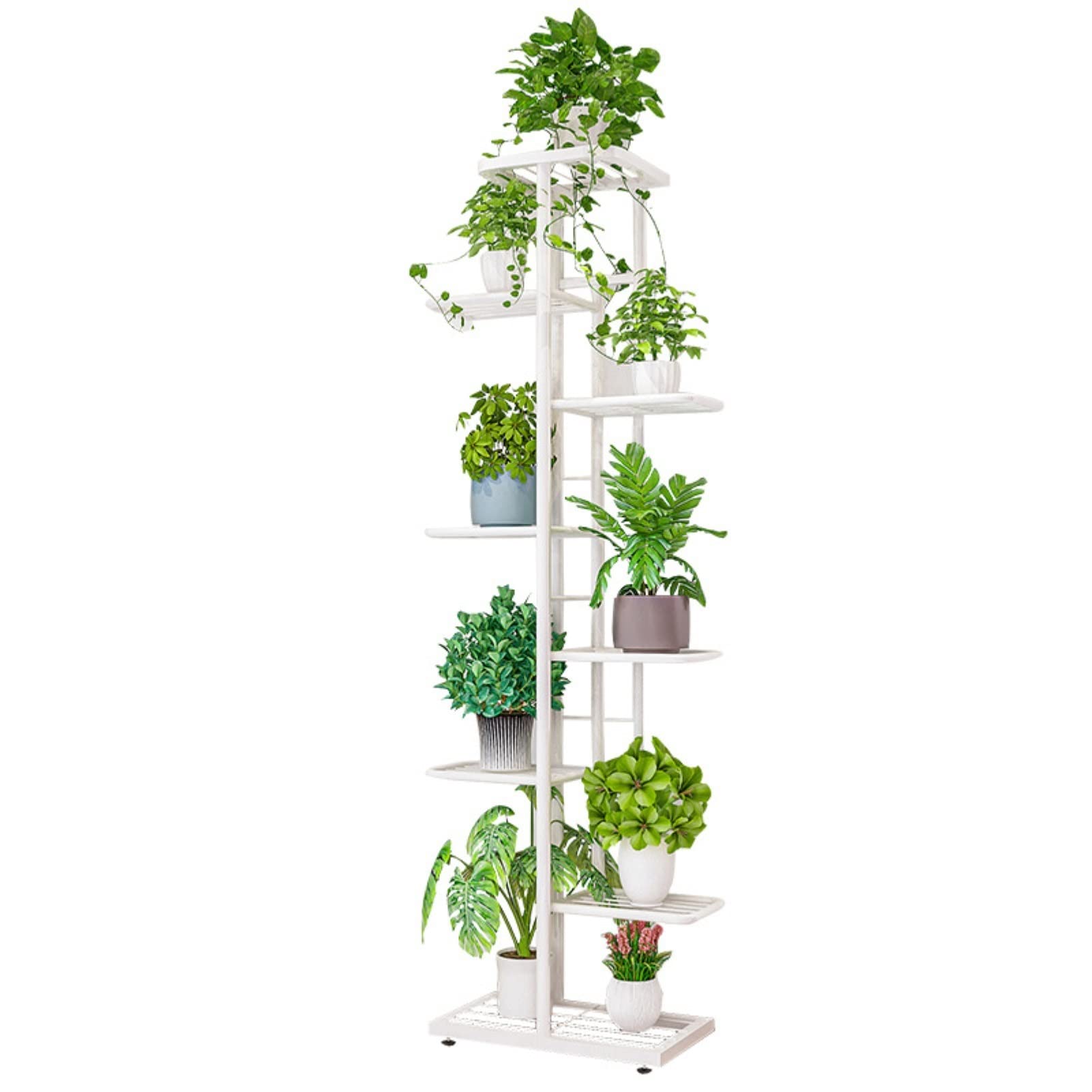8-Tier Iron Plant Stand for Indoor & Outdoor Use - Heavy Duty Flower Pot Holder with Tray for Balcony, Garden, Living Room, Window Corner - White Storage Rack for Plants, Books & Decorative Items