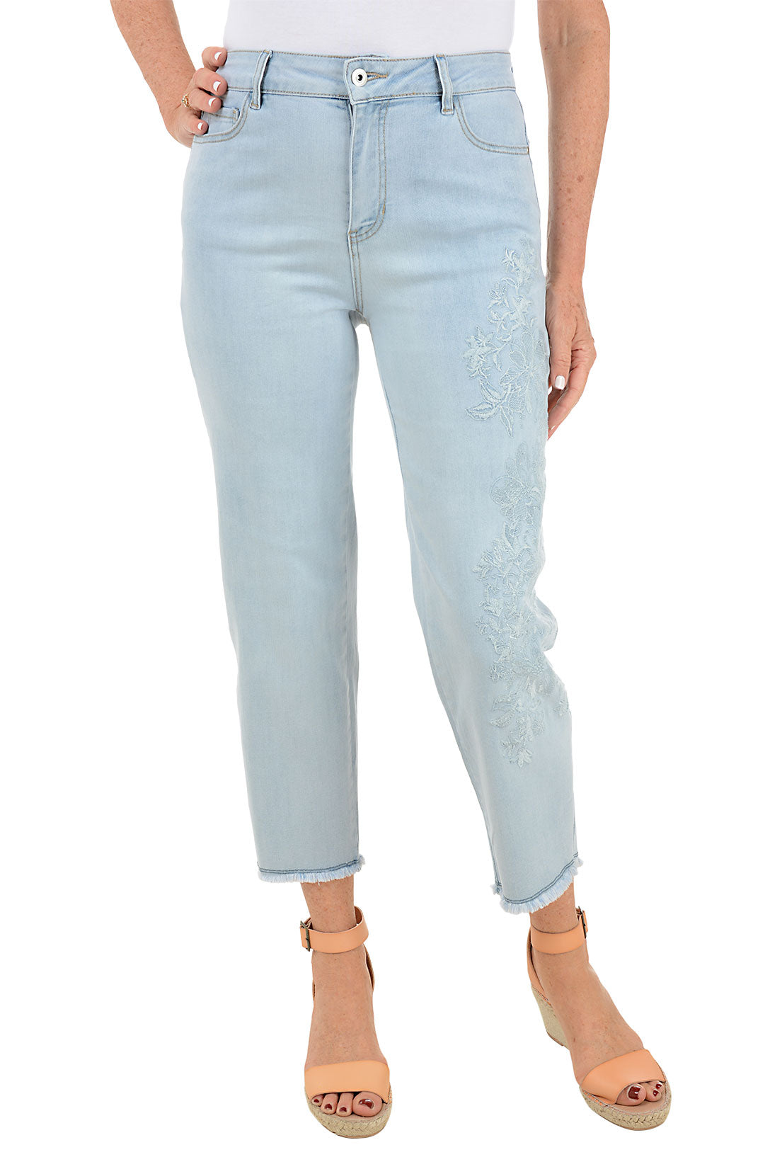 Embroidered Petunia Frayed Denim Ankle Pants for Women - Stylish Distressed Jeans for Casual Outfits & Spring Fashion