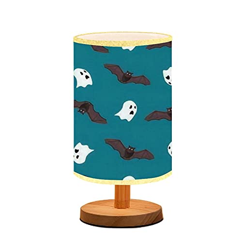 Halloween Table Lamp with Bats & Ghosts Pattern - Minimalist Wooden Nightstand Light with Flaxen Fabric Shade for Bedroom, Living Room, Nursery - Perfect for Breastfeeding, Reading & Cozy Ambience
