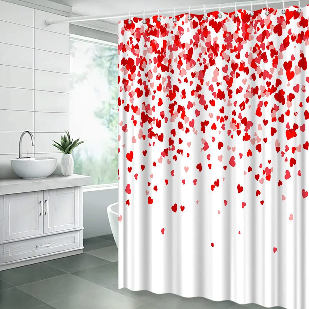 Valentine's Day Shower Curtain - Red Heart Falling Design for Romantic Couples, Sweet Love Bathroom Decor with Hooks (Red & Pink) | Perfect for Anniversary Gifts, Wedding Showers & Couples' Bathroom Decor
