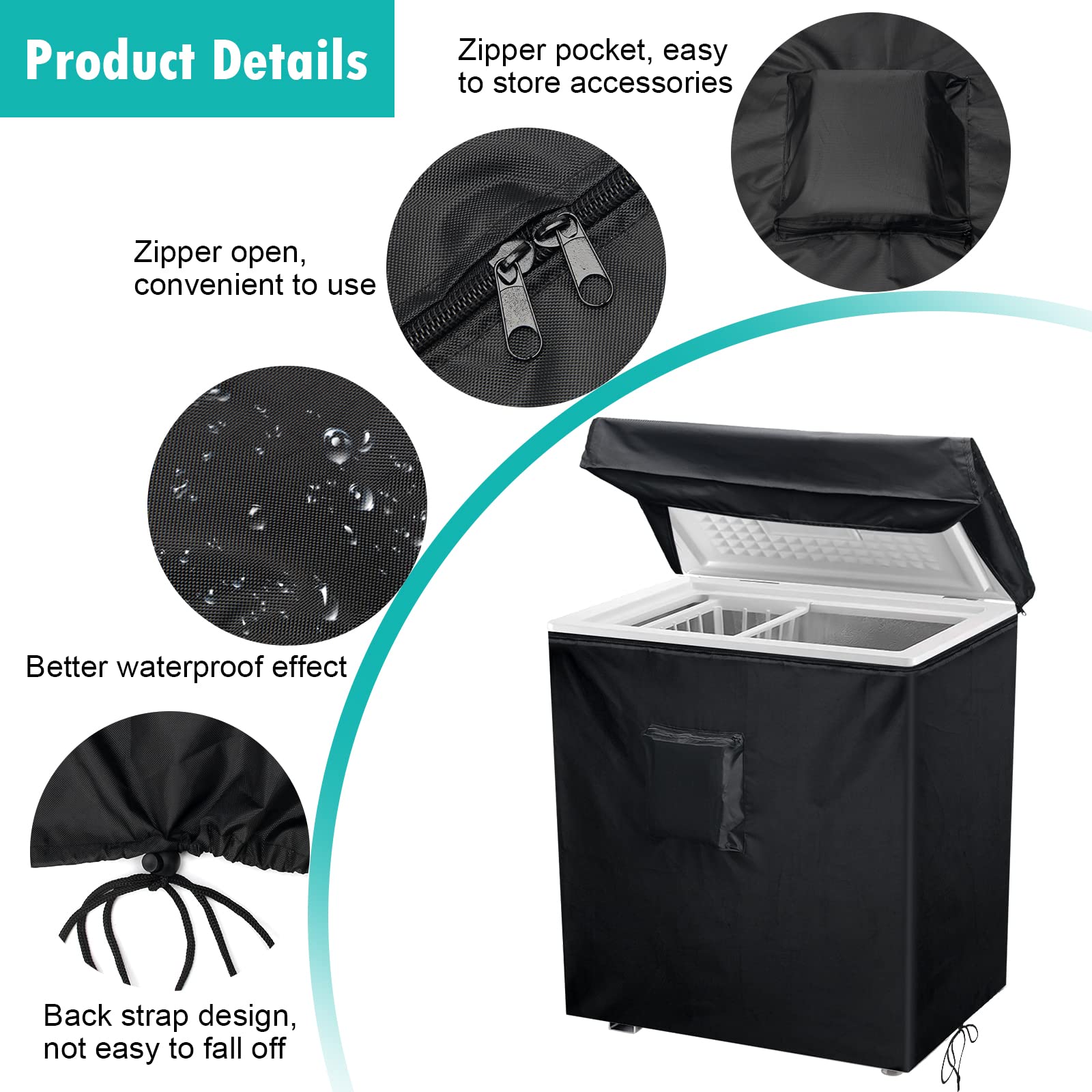 **Waterproof Black Chest Freezer Cover - 28L x 23W x 34H, Fits 5 Cubic Feet Freezers with Zipper Pocket & Strap - Durable & Compact for Indoor/Outdoor Use**    *(Perfect for Garages, Basements, Kitchens, or Outdoor Storage - Protects Freezer from Dust, Moisture & Damage)*