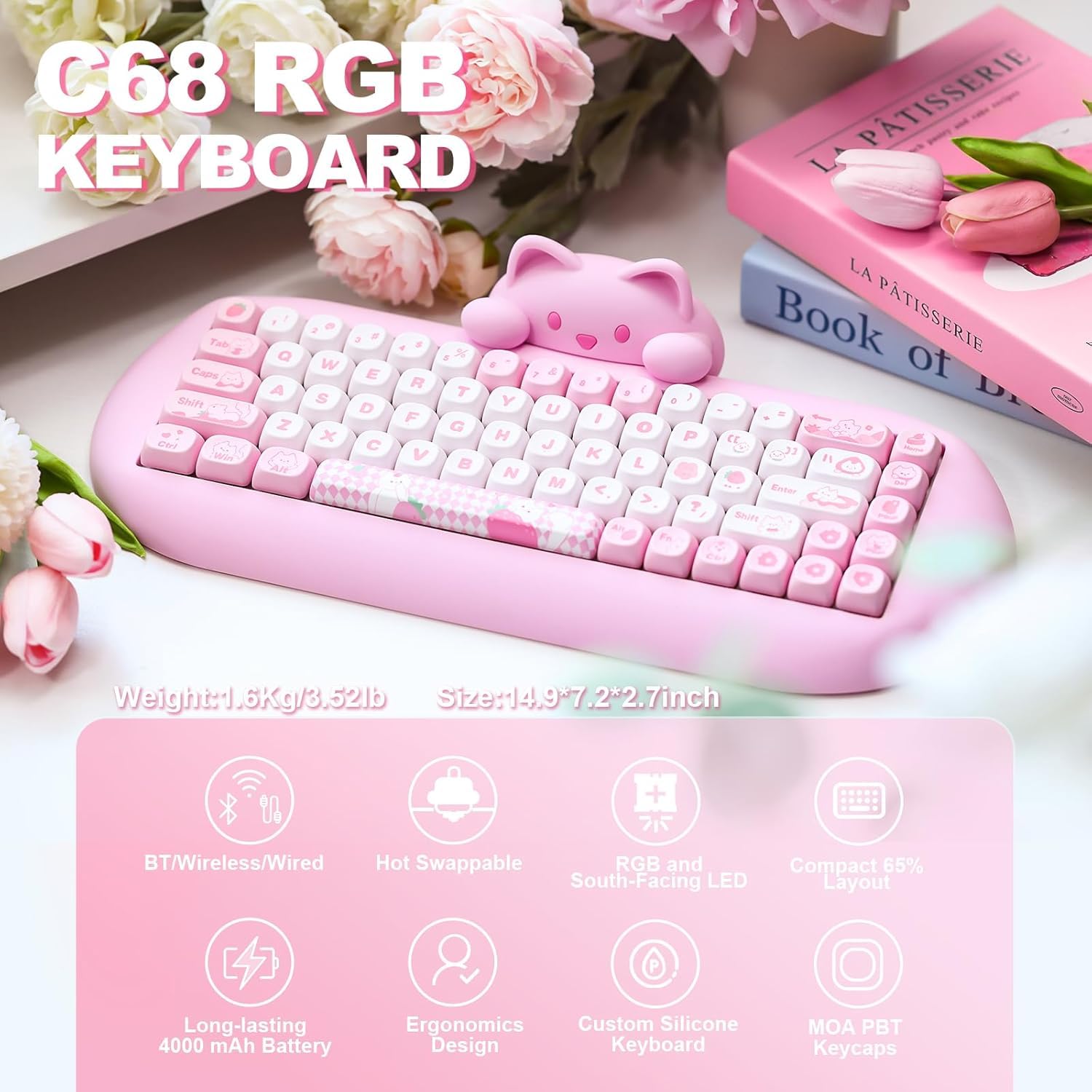 YUNZII C68 Wireless Mechanical Keyboard - 65% Compact Layout, Hot-Swappable, Triple Mode (Bluetooth 5.0/2.4G/Wired), RGB Backlit, NKRO, Ergonomic Cute Cat Silicone Design - Compatible with Windows & Mac (Pink, Milk Switch) - Perfect for Gaming, Office Work & Typing Enthusiasts