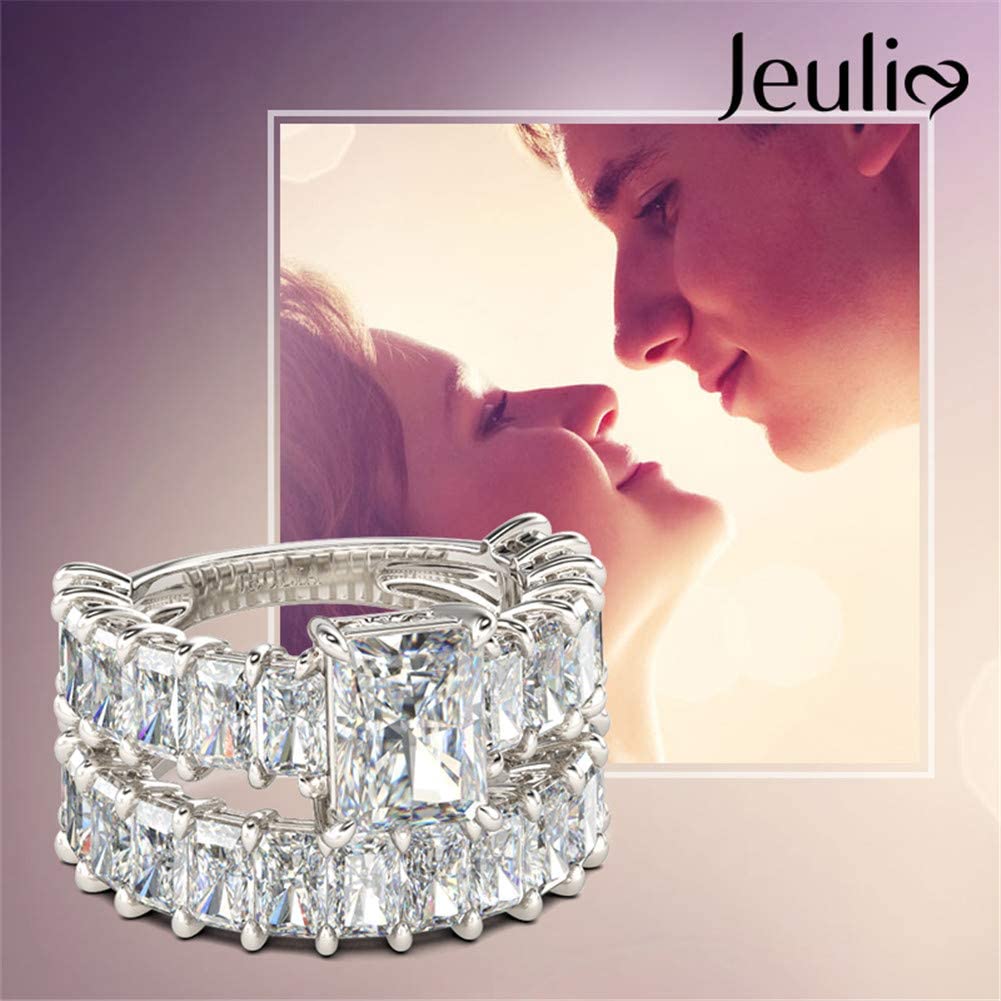 Jeulia 2PC Wedding Ring Set 3.85ct Radiant Cut Solitaire Engagement Ring for Women - 925 Sterling Silver Cubic Zirconia Diamond Eternity Band, Anniversary Promise Ring Bridal Set with Jewelry Box - Perfect for Proposals, Weddings & Romantic Gifts