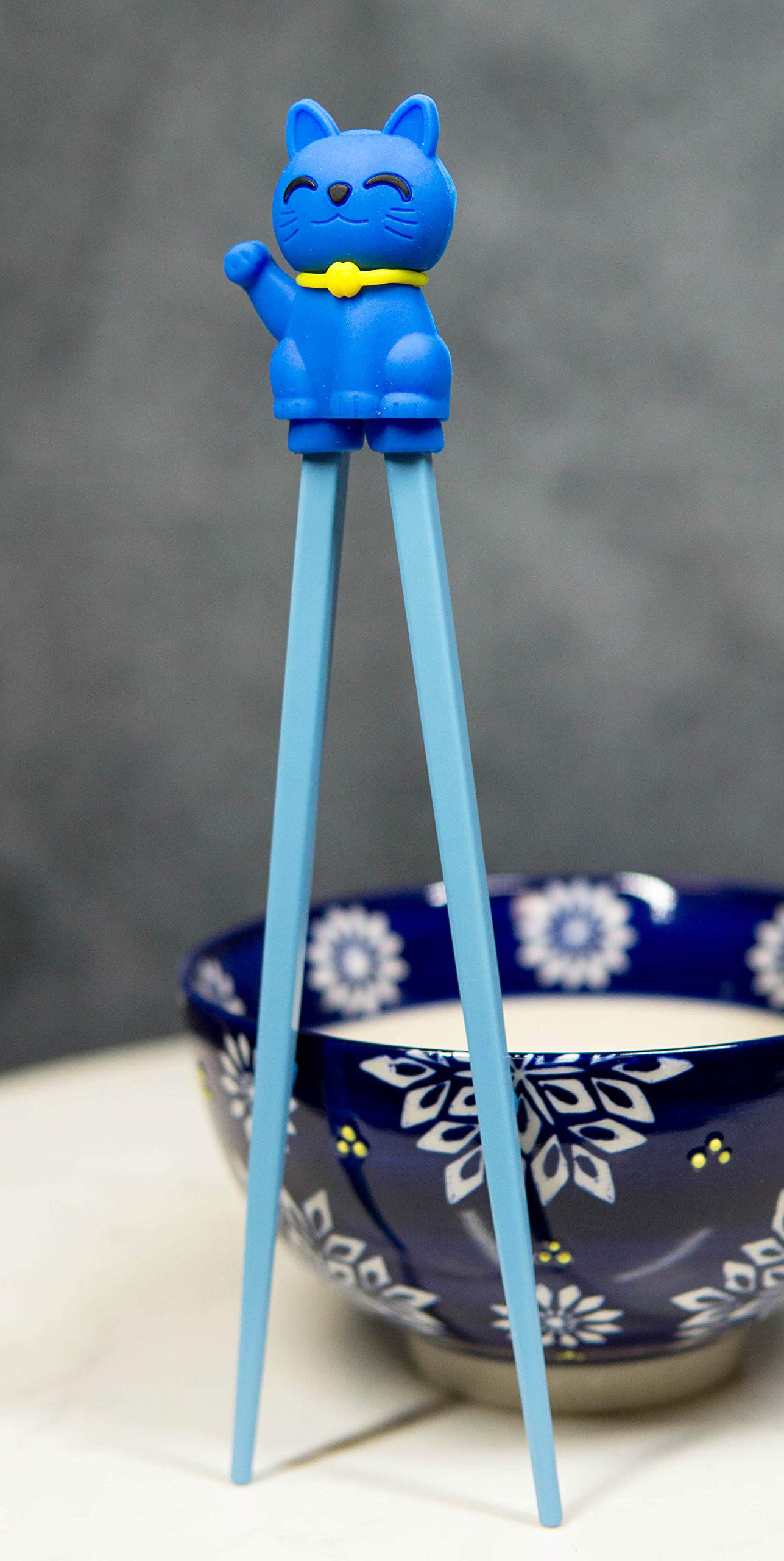 Reusable Training Chopsticks Set with Silicone Helper Hinge - Food Safe Sushi & Noodle Guide for Adults & Kids - Blue Maneki Neko Cat Design - Perfect for Asian Cuisine, Sushi Parties & Family Dining Fun