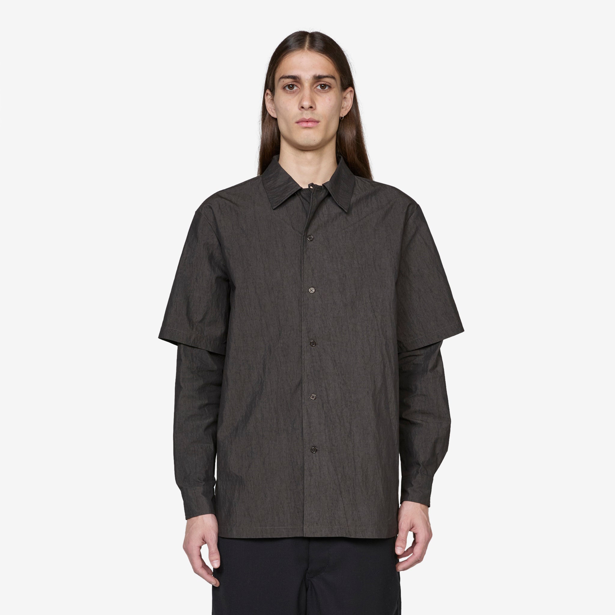 2-Layer Long Sleeve Shirt for Men - Dark Grey Crewneck Top - Comfortable Layered Fashion for Casual Wear & Office Outfits