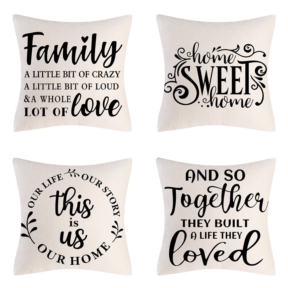 Farmhouse Decorative Pillow Covers Set of 4 - 18x18 Inch Home Sweet Home Inspirational Quotes Throw Pillow Covers for Sofa, Couch & Living Room - Cozy Farmhouse Style Home Decor for Family Room, Bedroom or Porch