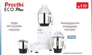 Preethi Eco Plus Mixer Grinder 110V for USA & Canada - 3 Jar White Blender for Indian Cooking, Smoothies & Spice Grinding - Perfect for Kitchens & Home Use
