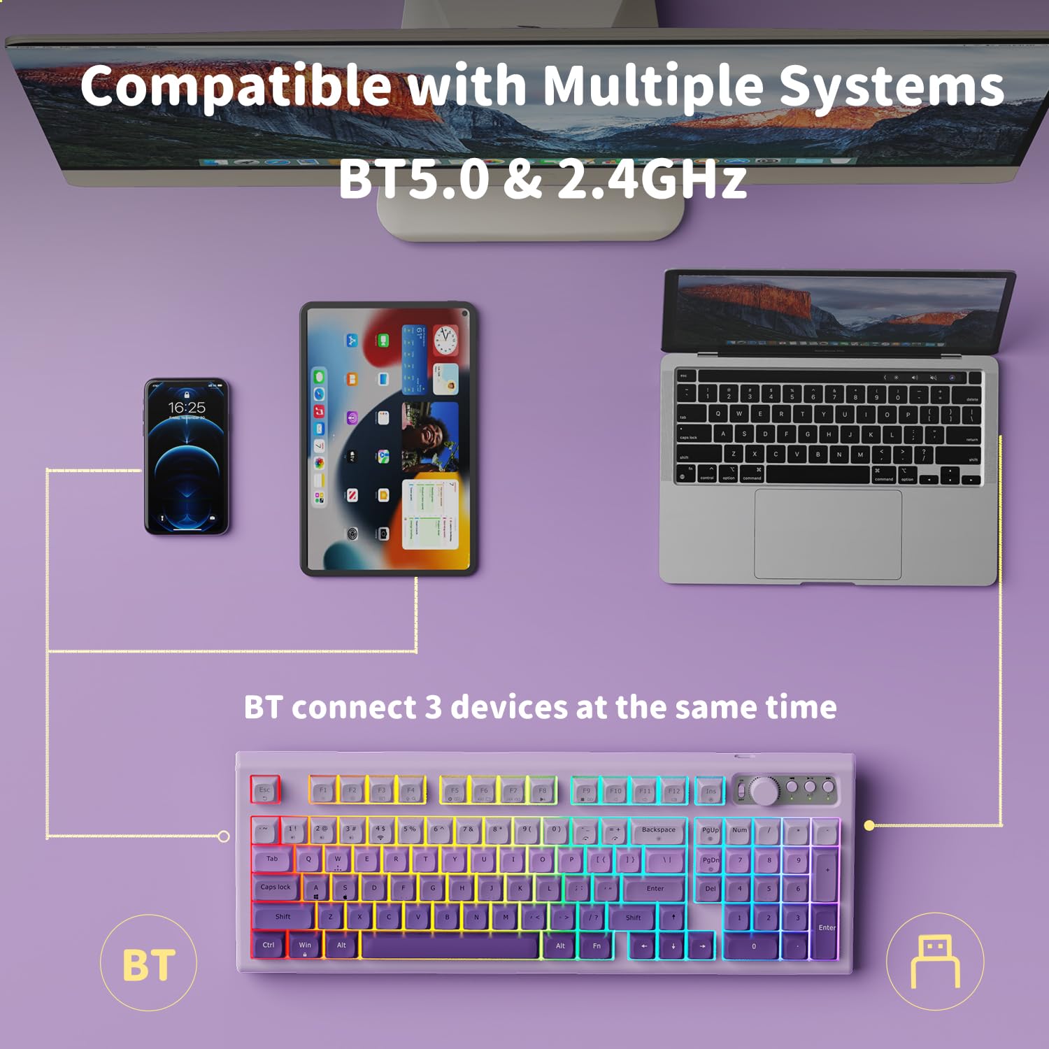 EWEADN V97 Cute Creamy Wireless Gaming Keyboard - Bluetooth/2.4GHz Dual Mode, RGB Backlit, Media Knob, Ergonomic Curved Design, Rechargeable Quiet Mechanical Keyboard for MAC/PC/Xbox (Gradient Purple) - Perfect for Gaming, Office Work & Late-Night Typing