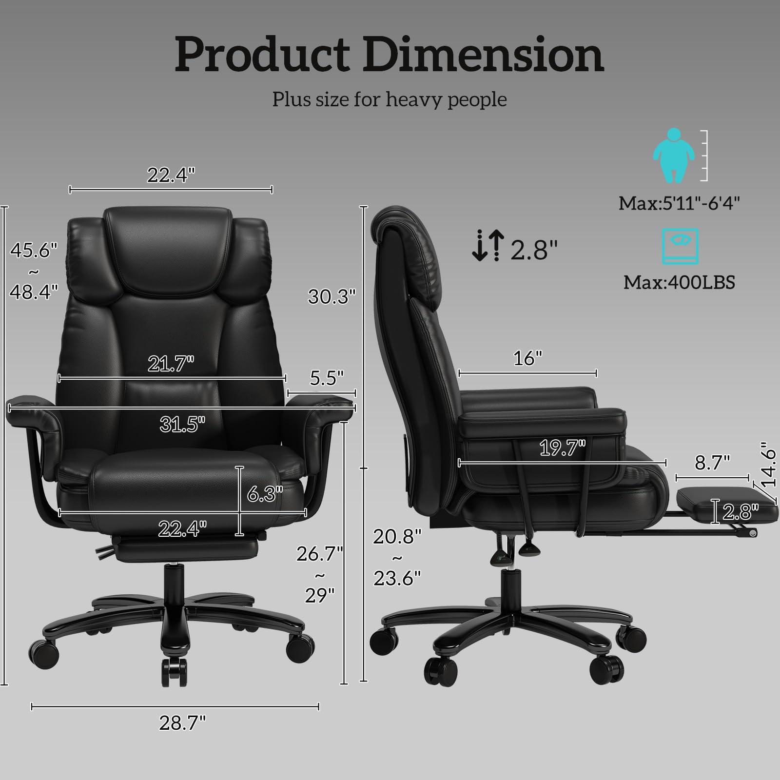GYI Big and Tall Office Chair 400LBS Capacity - 160° Reclining High Back Executive Chair with Wide Seat, Adjustable Arms & Footrest - Black - Perfect for Home Office, Gaming & Workspaces