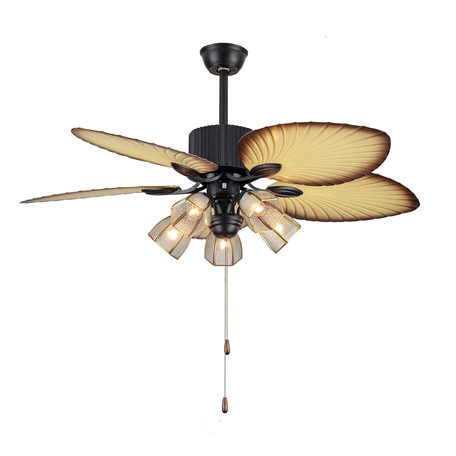 Eapmic 52-Inch Tropical Ceiling Fan with Sunset Bowl Light - 5 Hand-Carved Wooden Leaf Blades, Outdoor/Indoor Use - Perfect for Dining Room, Bedroom, Patio & Porch (5-Light, Style 2) | Durable & Stylish Cooling Solution for Home & Outdoor Spaces