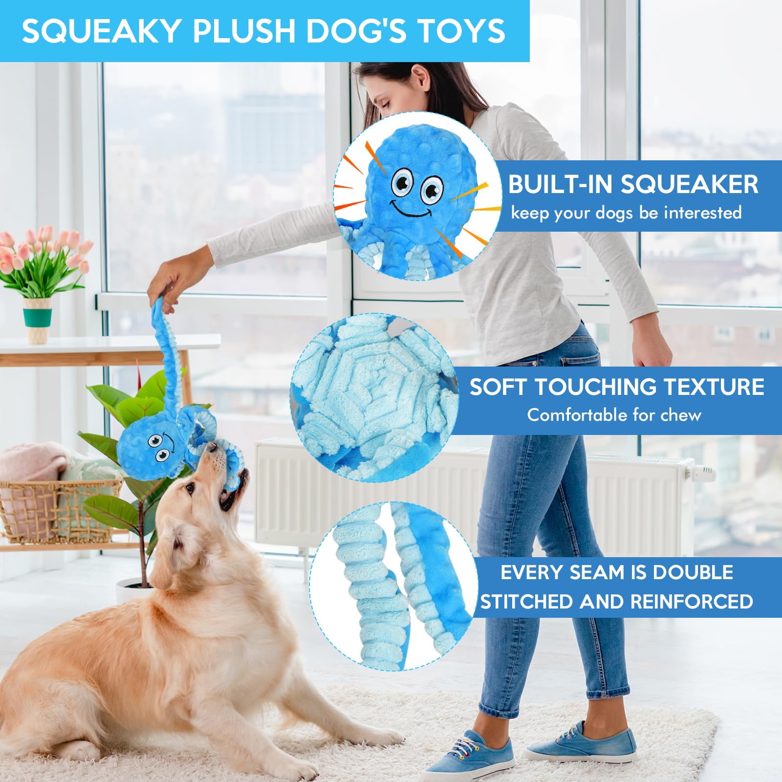 Durable Octopus Squeaky Dog Chew Toy with Crinkle Sound - Interactive Plush Puppy Teething Toy for Small, Medium & Large Dogs - Perfect for Tug of War, Fetch & Playtime