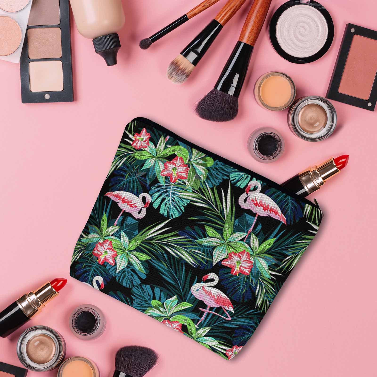 Flamingo Pink Makeup Bag for Women - Tropical Palm Leaves & Hibiscus Cosmetic Travel Organizer with Zipper, Waterproof Toiletry Pouch - Perfect for Travel, Beach Vacation & Daily Cosmetics Storage