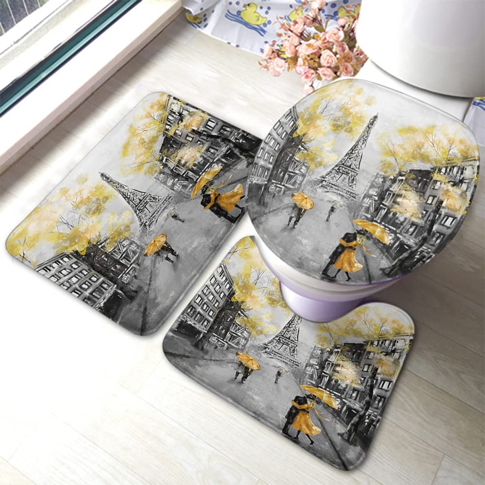 WONDERTIFY Non-Slip Bathroom Rug Set - 3 Piece Paris Eiffel Tower Design (Bath Mat, Contour Mat & Toilet Cover) - Black/White/Yellow for Couples - Water Absorbent Bath Mats for Home Decor & Safety