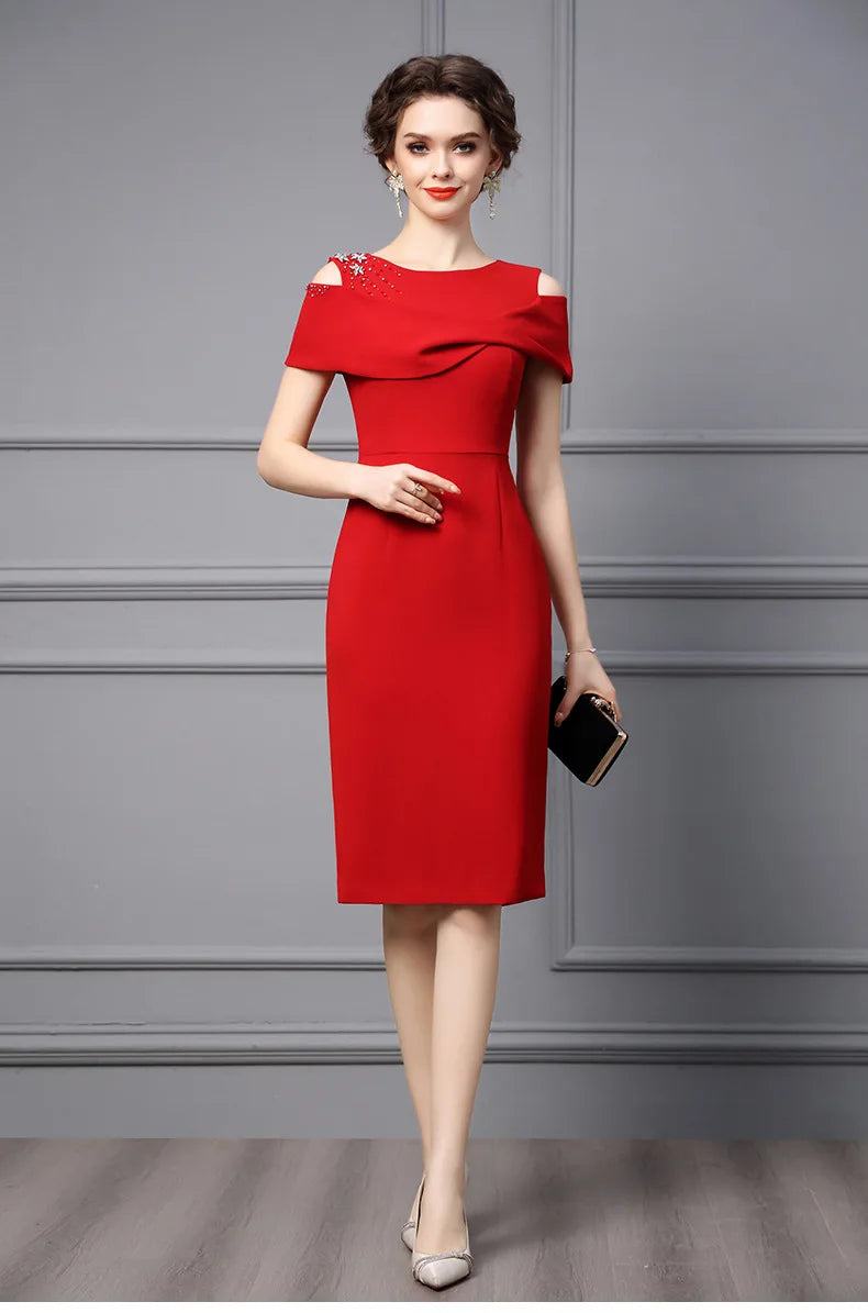 Elegant Red Beaded Diamond Party Dresses for Women - Luxury Off Shoulder Prom Gown, Summer Cocktail Dress for Evening Events, Weddings & Special Occasions