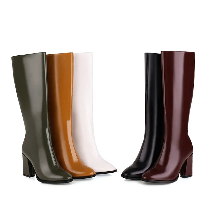 Elegant Women's Knee High Boots with Zipper - Autumn Winter Fashion Heeled Boots in White & Green - Size 48 for Tall Women - Perfect for Office, Party & Winter Outfits