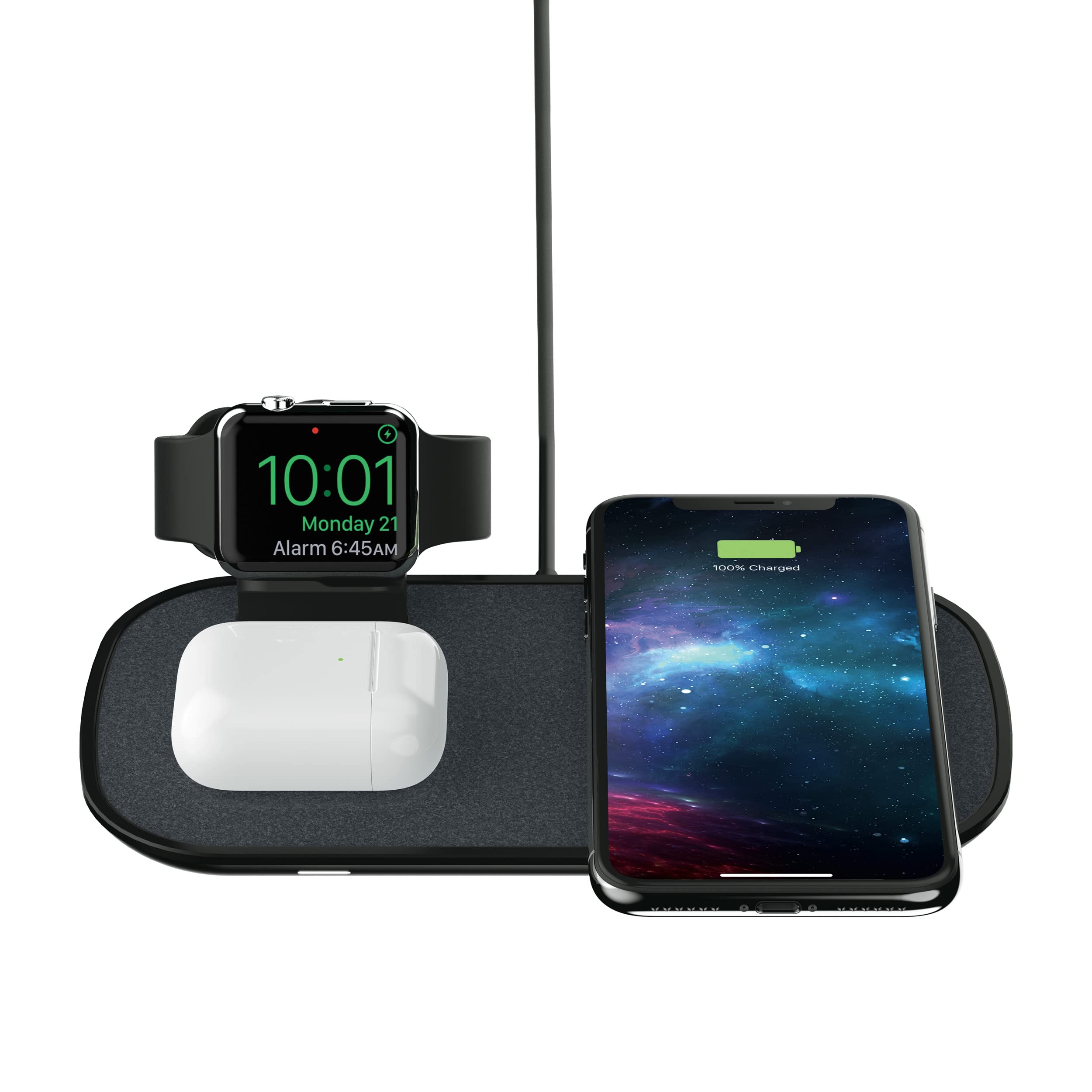 mophie 3-in-1 Wireless Charging Pad - 7.5W Qi-Certified Fast Charger for iPhone 11/12/13 Series, XS Max/XS/XR/X, 8/8 Plus, AirPods & Apple Watch (Black) | Perfect for Bedside, Office & Travel Charging