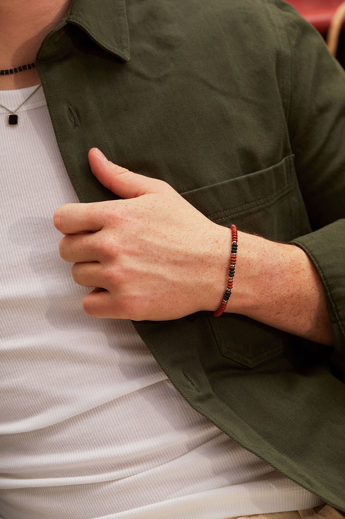 Men's Stretch Disc Bracelet with Genuine Gemstones - Adjustable Beaded Wristband for Casual Wear, Yoga & Meditation