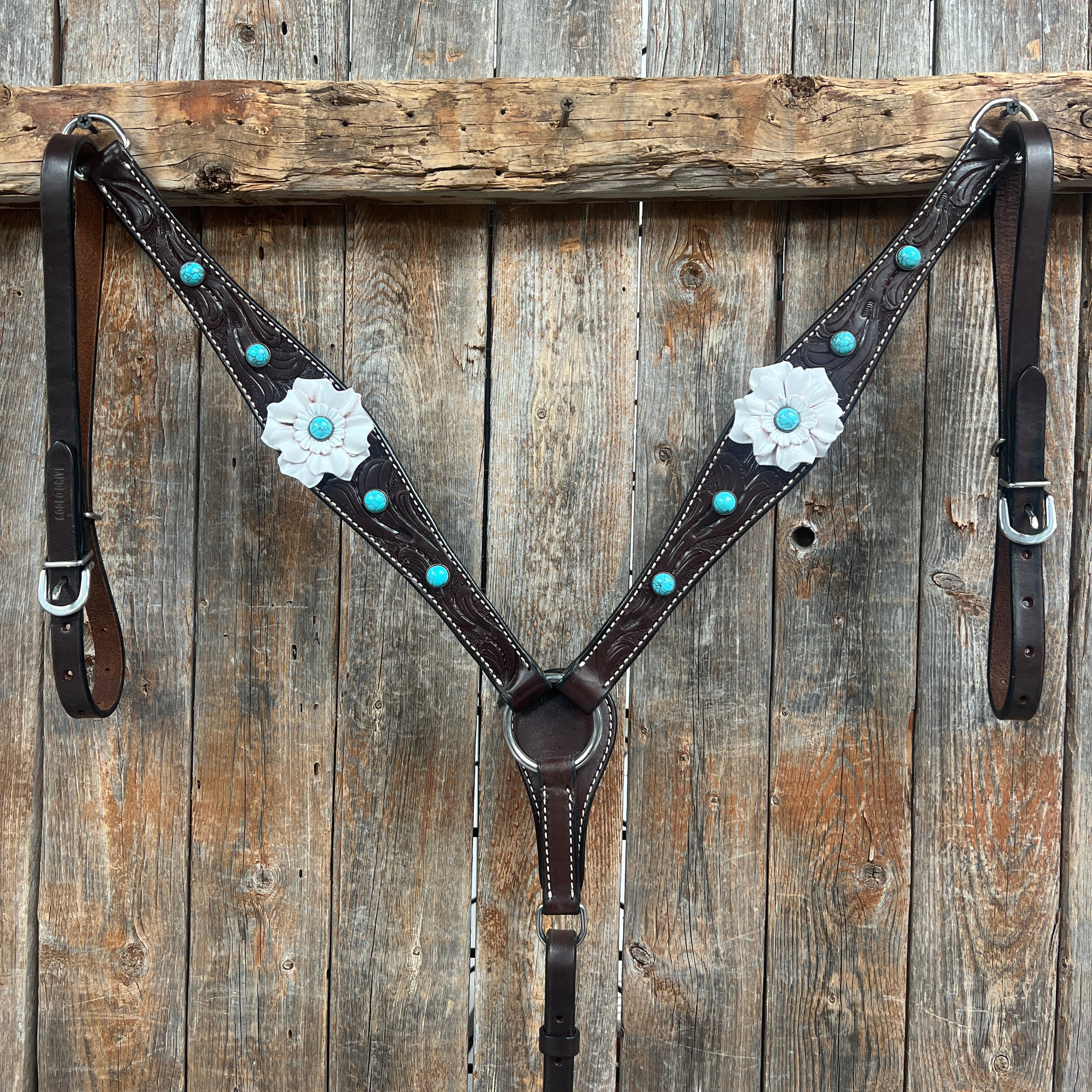 Dark Oil Floral Turquoise Cabochon Browband & Breastcollar Tack Set for Horses - Western Show Bridle Accessories | Perfect for Rodeo, Trail Riding & Equestrian Events #BBBC598