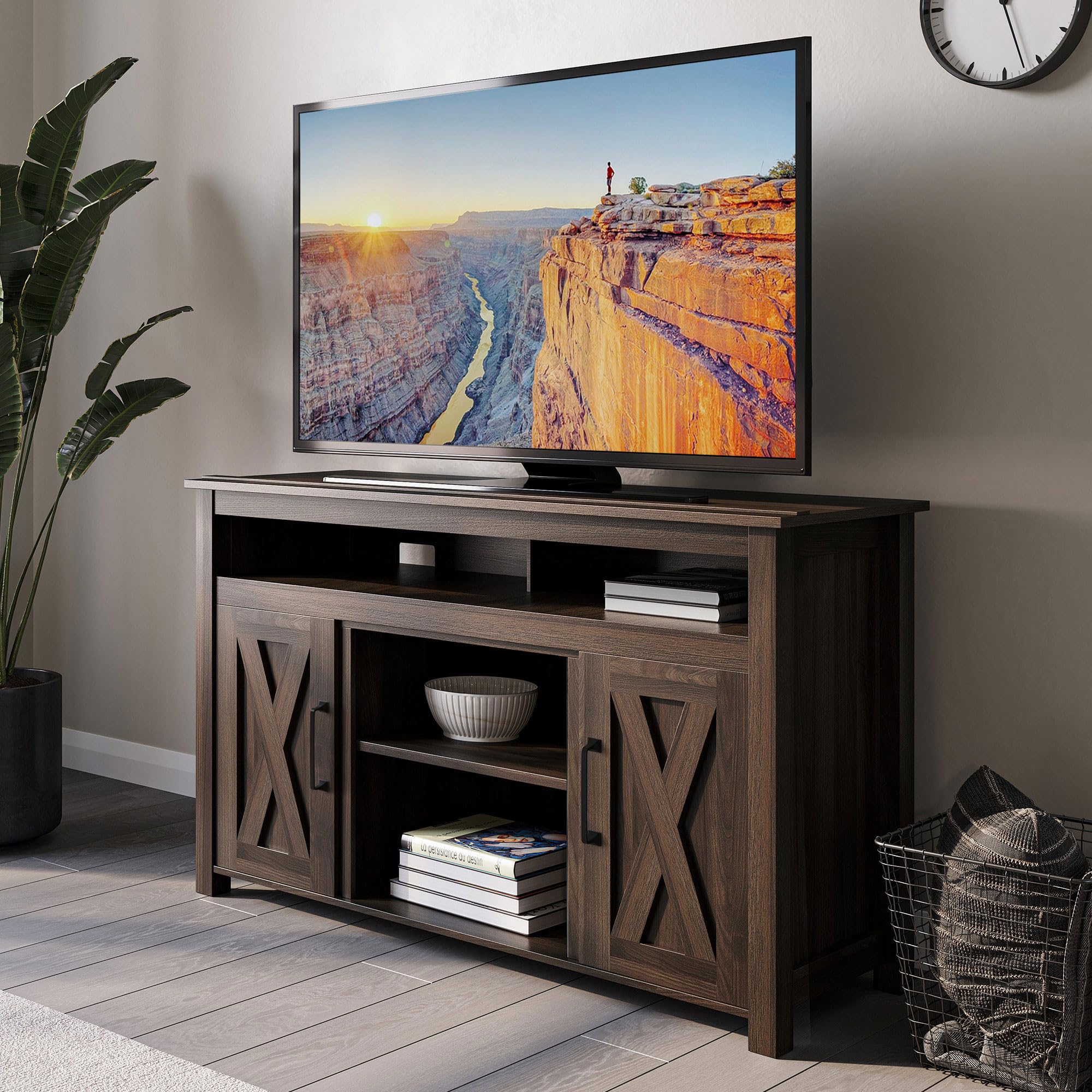 BELLEZE 48 Inch TV Stand for 50 Inch TVs - Rustic Barn Door Entertainment Center with 2 Open Shelves & Storage Cabinets - Dark Walnut Media Console for Living Room, Bedroom - Perfect for Home Theater & Family Entertainment Spaces