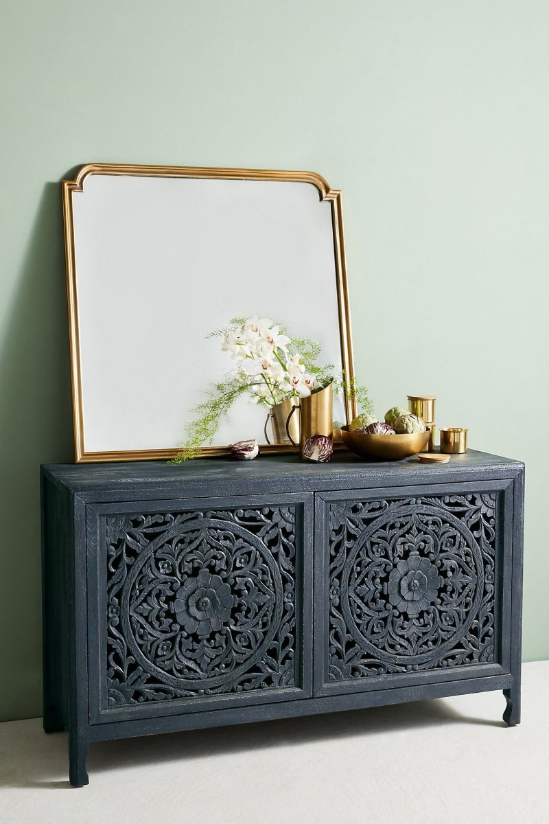 Hand Carved Lombok Buffet Indigo Color - Handmade Sideboard Cabinet | Solid Wood Indian Furniture for Dining Room & Living Room Storage