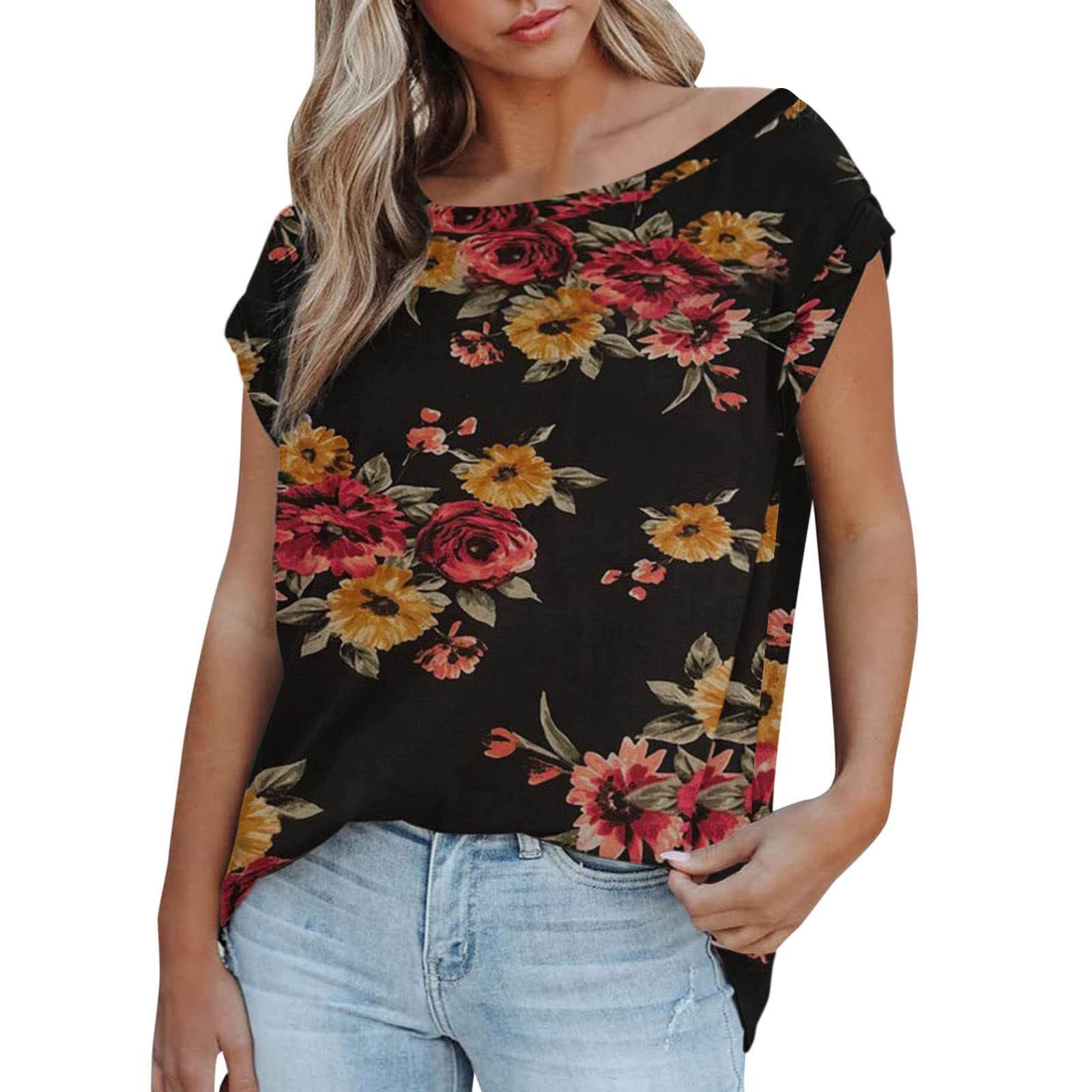 2022 Women's Summer Tops - Boho Floral Print Off Shoulder Tees with Batwing Sleeves | Flowy Tunic Shirts for Beach, Vacation & Casual Outfits