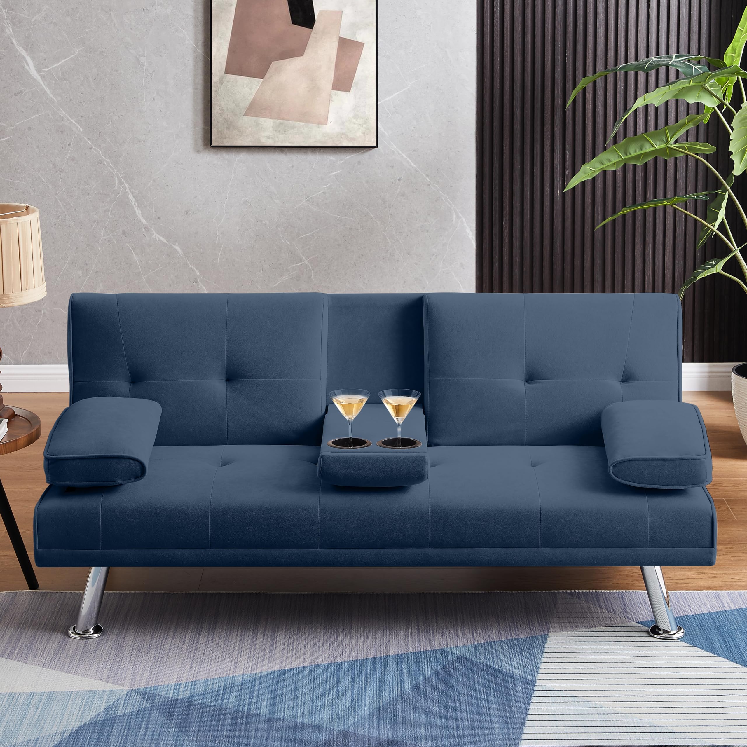 Velvet Folding Futon Sofa Bed - Adjustable Couch Sleeper with Stainless Steel Frame & Cup Holders for Living Room, Guest Room - Dark Blue Removable Armrests - Perfect for Small Spaces & Overnight Guests