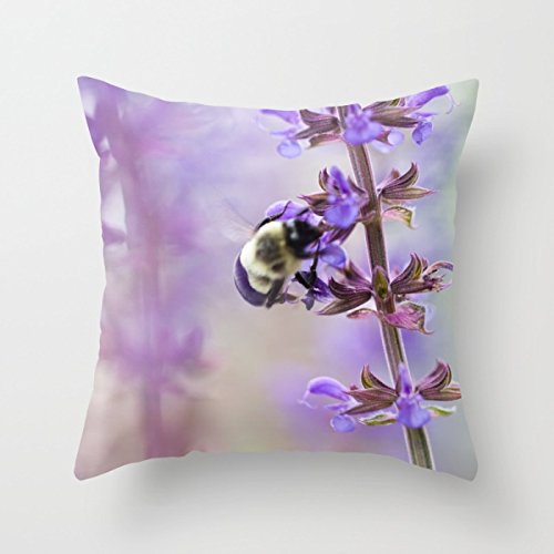 Bumblebee and Lavender Throw Pillow - 18x18 Inch Soft Decorative Cushion Cover - Purple and Yellow Photo Design - Perfect for Living Room Sofa, Bedroom Decor & Cozy Home Accents